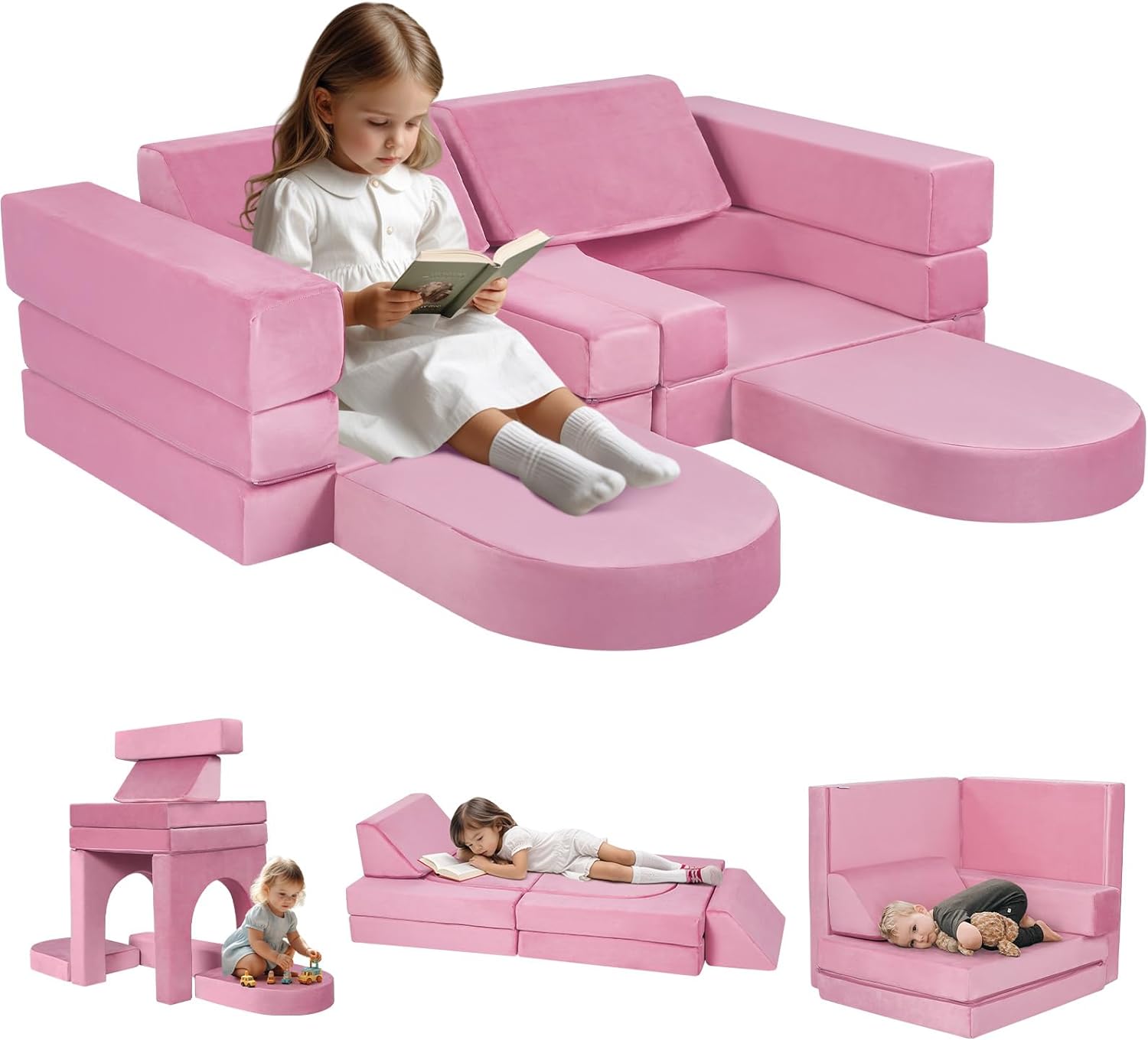 MeMoreCool 10-Piece Couch Sofa, Modular Toddler Glow Sofa for Playroom Bedroom, Fold Out Play Couch for Kid Girl Boy, Sectional Foam Playset Couch Set, Pink