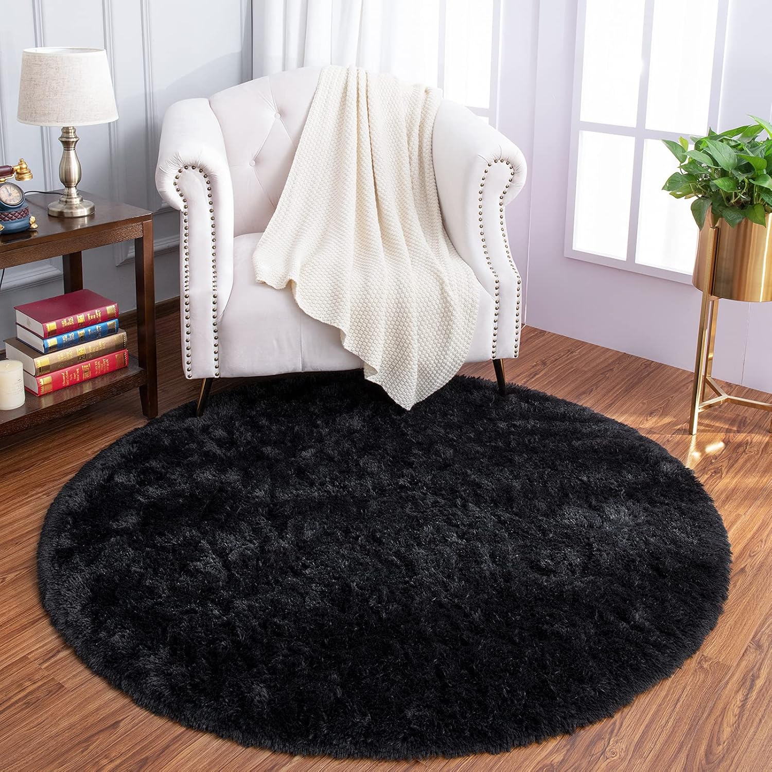 LOCHAS Luxury Round Fluffy Area Rugs for Bedroom Kids Girls Room Nursery, Super Soft Circle Rug, Cute Shaggy Carpet for Children Living Room, 4x4 Feet Black