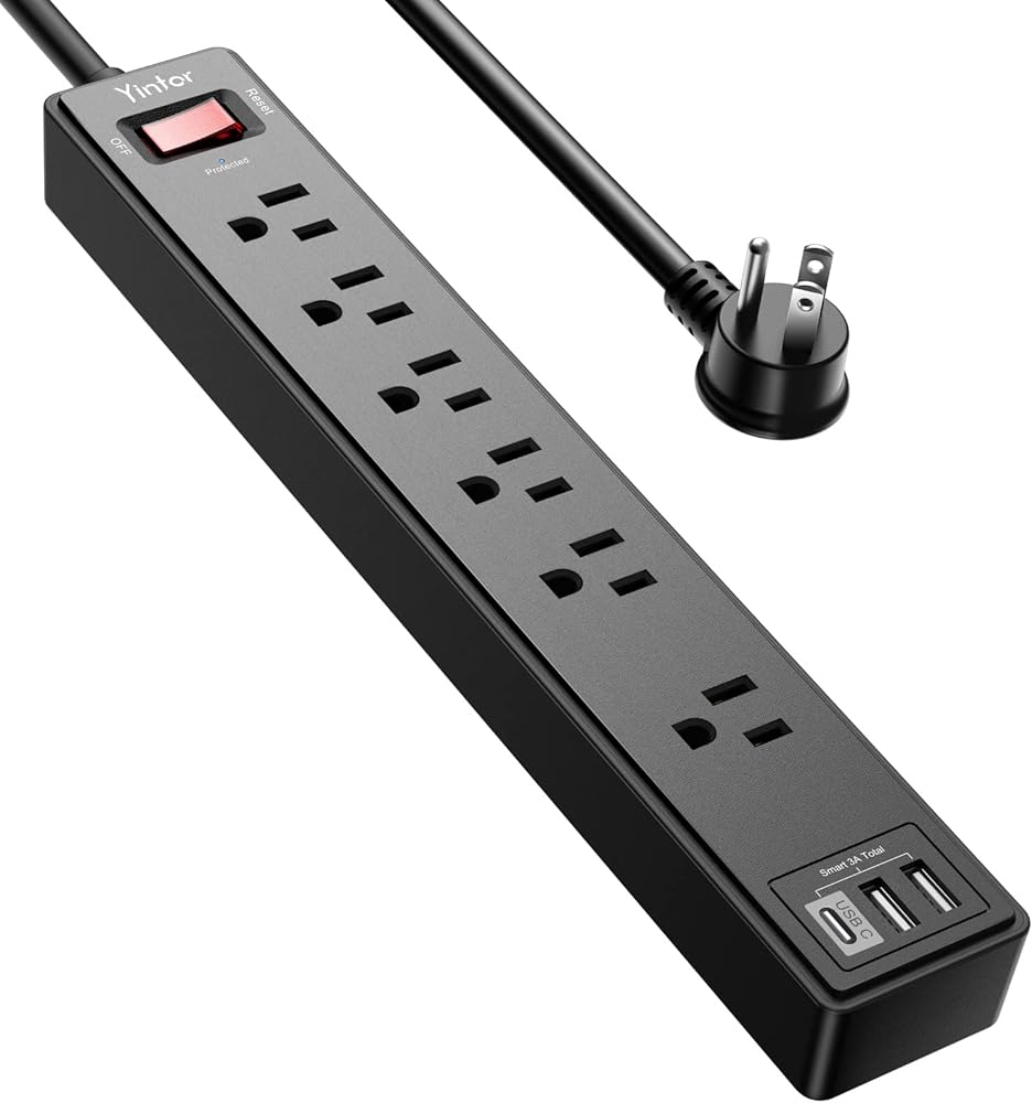 6Ft Power Strip Surge Protector - Yintar Extension Cord with 6 AC Outlets and 3 USB Ports for for Home, Office, Dorm Essentials, 1680 Joules, ETL Listed, (Black)