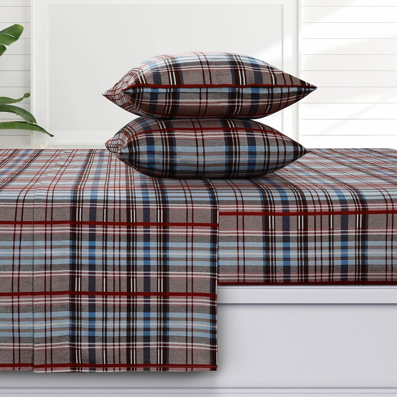 Tribeca Living Brentwood Plaid 170-GSM Flannel Extra Deep Pocket Sheet Set with Oversized Flat, 100% Cotton, Super Soft, Warm, Cozy Bed Sheet,3 pcs, Queen Brown, (BRPLFLOSHEQU)