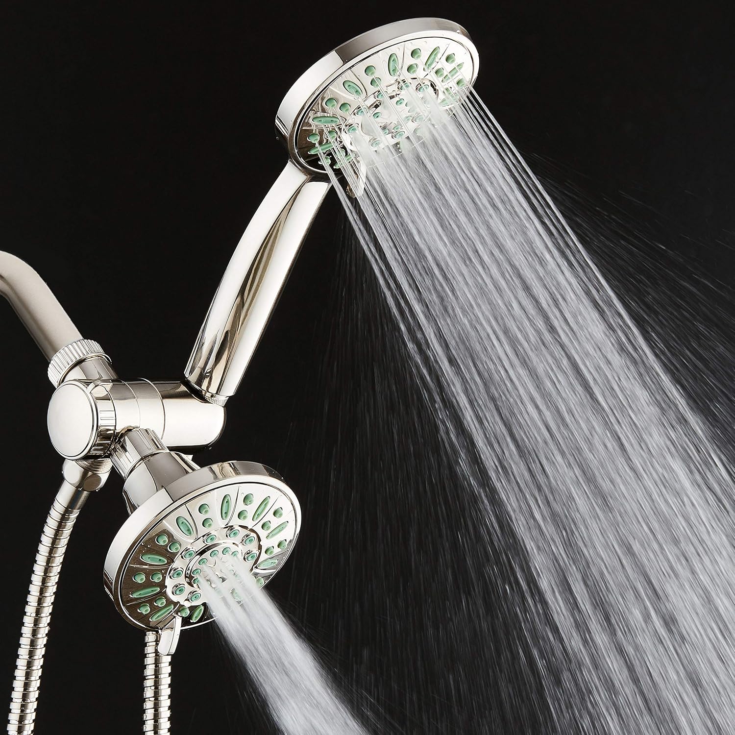 AquaDance Antimicrobial/Anti-Clog High-Pressure 30-setting Shower Combo, Microban Nozzle Protection from Growth of Mold, Mildew & Bacteria for Stronger Shower! Brushed Nickel Finish/Coral Green Jets