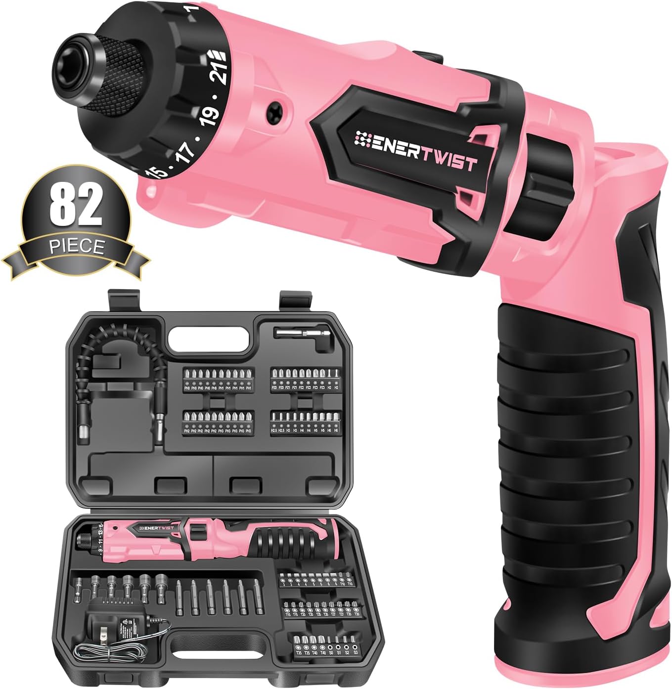 Enertwist Electric Screwdriver, 8V Max 10Nm Pink Cordless Screwdriver Rechargeable Set with 82 Accessory Kit and Charger in Carrying Case, 21 1 Cluth, Dual Position Handle, LED Light