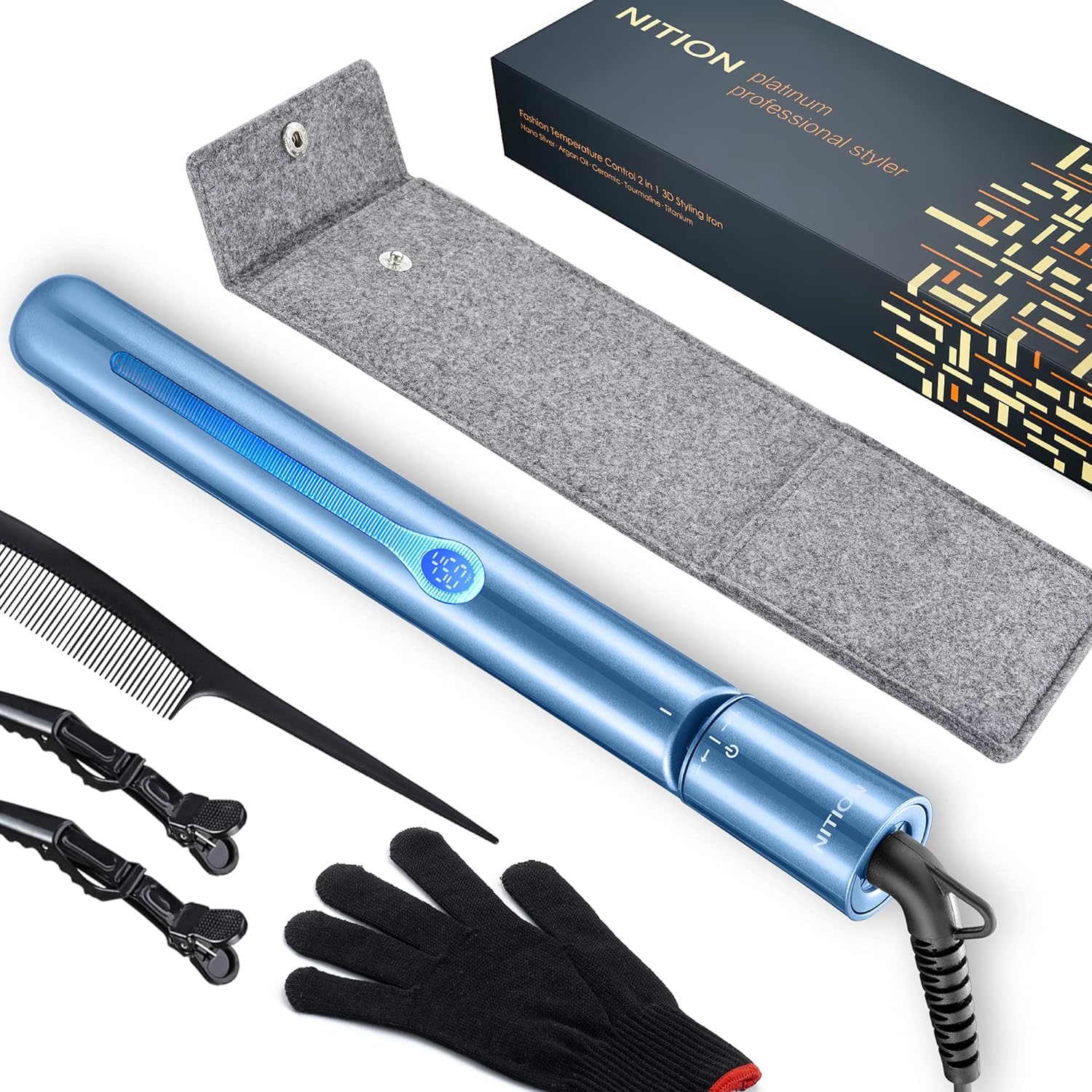 NITION Nano Titanium Hair Straightener 1" Heating Plate Straightening Flat Iron for Hair. LCD 265-450°F 6-Temps s Adjustable. 2-in-1 Hair Curling Iron Tools for All Hair Type. Blue