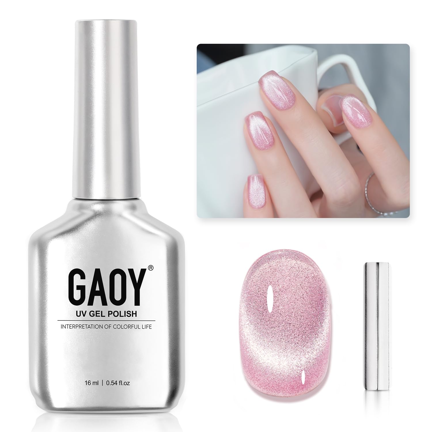 GAOY Cat Eye Gel Nail Polish, 16ml Pink Glitter Holographic Nail Polish with Magnet, Reflective Translucent UV Gel, 2219 Dazzling Pink