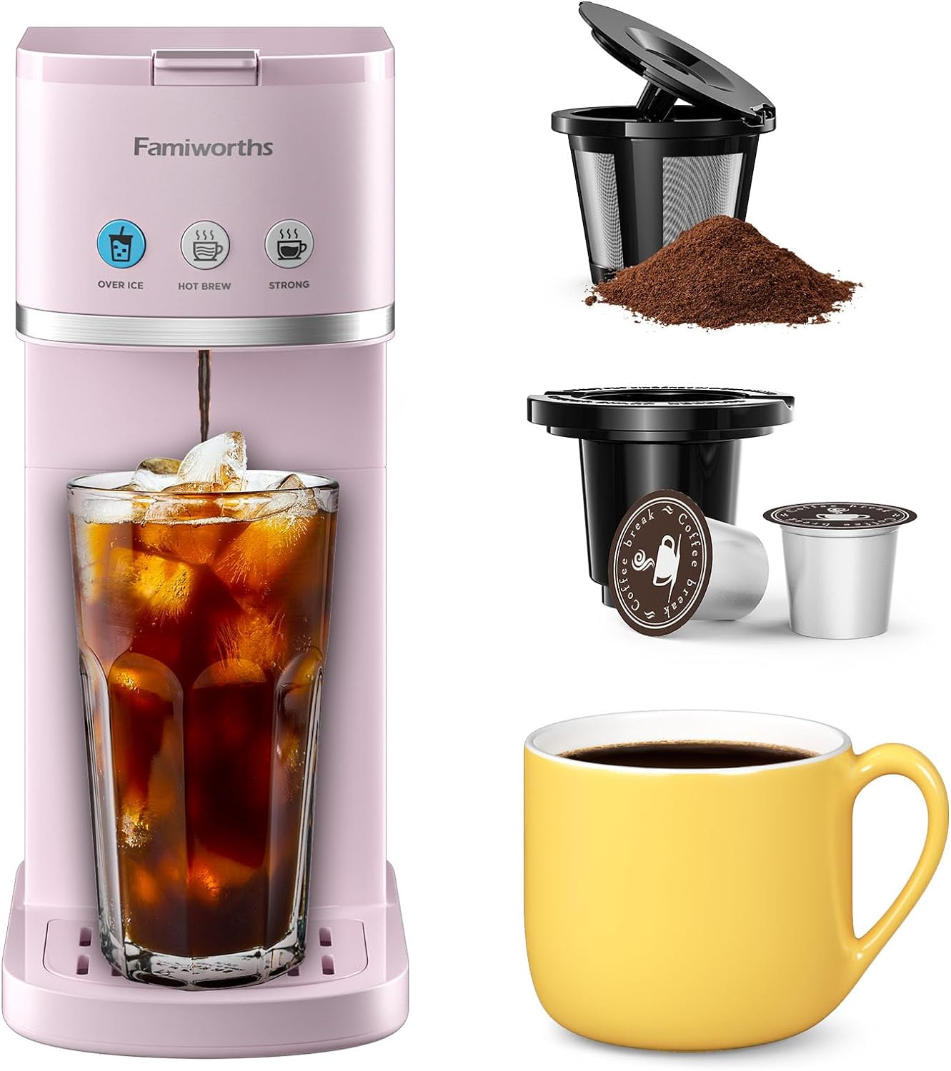 Famiworths Single Serve Coffee Maker, Iced and Hot Coffee Machine for K Cup & Ground Coffee, 6 to 16 Oz Brew Sizes, Fit 8.5" Travel Mug, Capsule Coffee Machine with Descaling Reminder, Dusty Rose