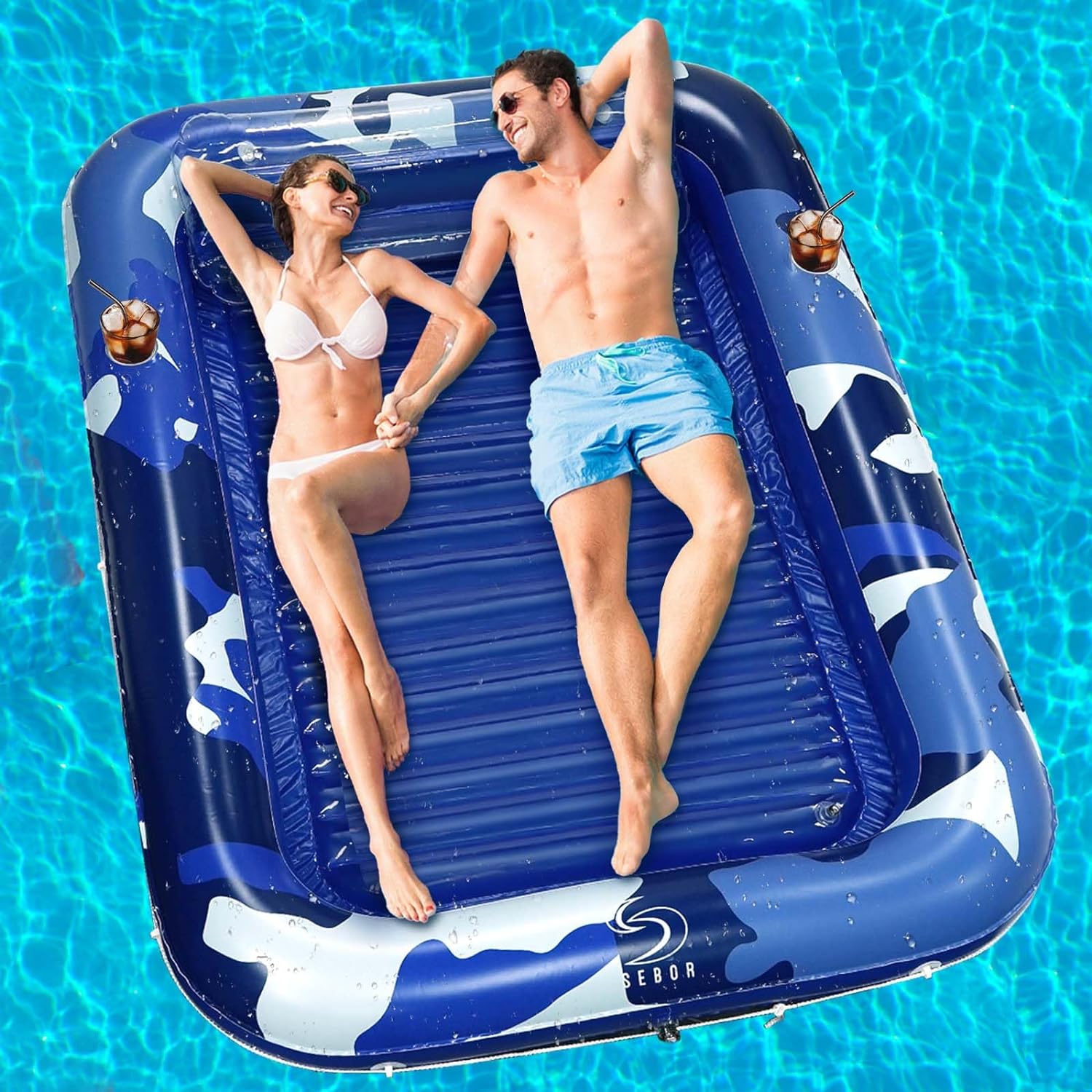 Larger Inflatable Tanning Pool Lounger Float, Heavy Duty 76 x 57 Thicken Suntan Tub Pool Floats with Removable Backrest & Cupholder, Navy Blue