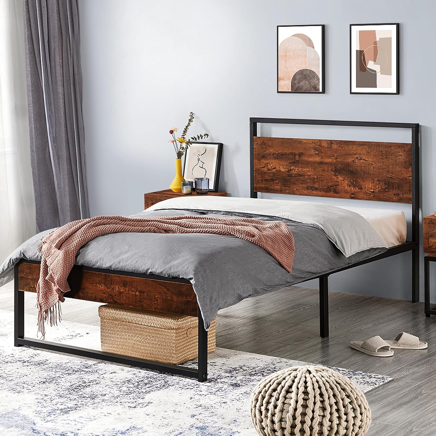 Yaheetech Twin Bed Frames Metal Bed with Rustic Wooden Headboard&Footboard, No Noise/No Box Spring Needed/12'' Underbed Storage, Mahogany Twin Bed