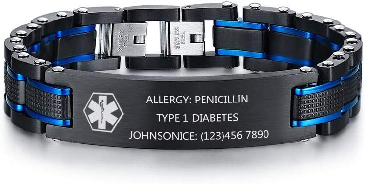 MEALGUET Personalized Free Engraving Men' 2-Tone Black Blue Masculine Stainless Steel Medical Alert ID Bracelet for Men