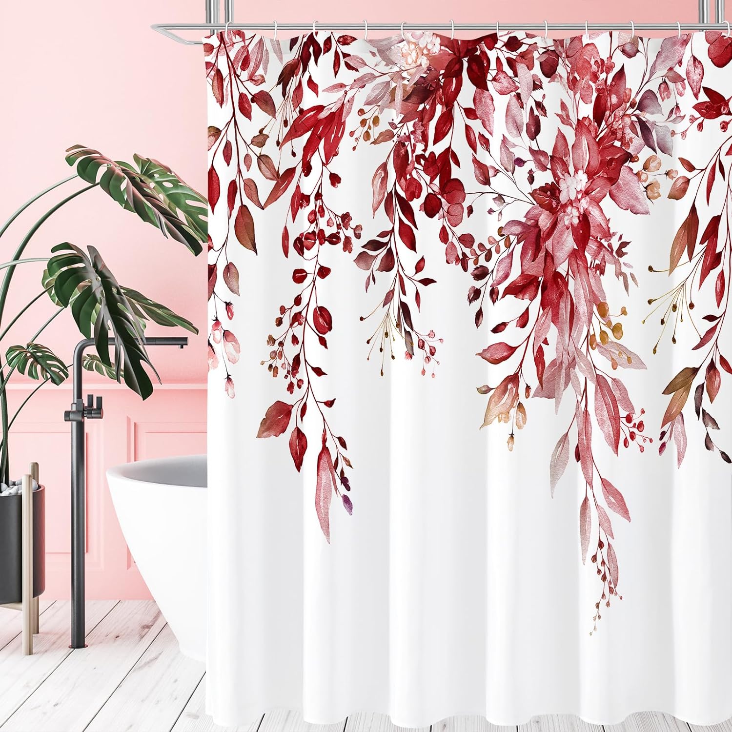 Gibelle Extra Long Shower Curtain 72 x 84, Tall Burgundy Red Floral Shower Curtain for Bathroom, Watercolor Plant Eucalyptus Leaves Fabric Shower Curtain Set with Hooks