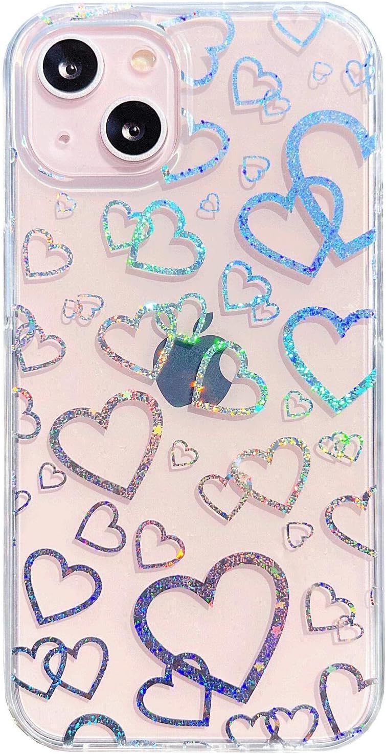 Compatible with iPhone 13/iPhone14 Clear Case with Love Heart Laser Glitter Holographic Design,Sparkly Bling Cute Shockproof Protective Phone Cover for Women Girls(iPhone 13/iPhone14)