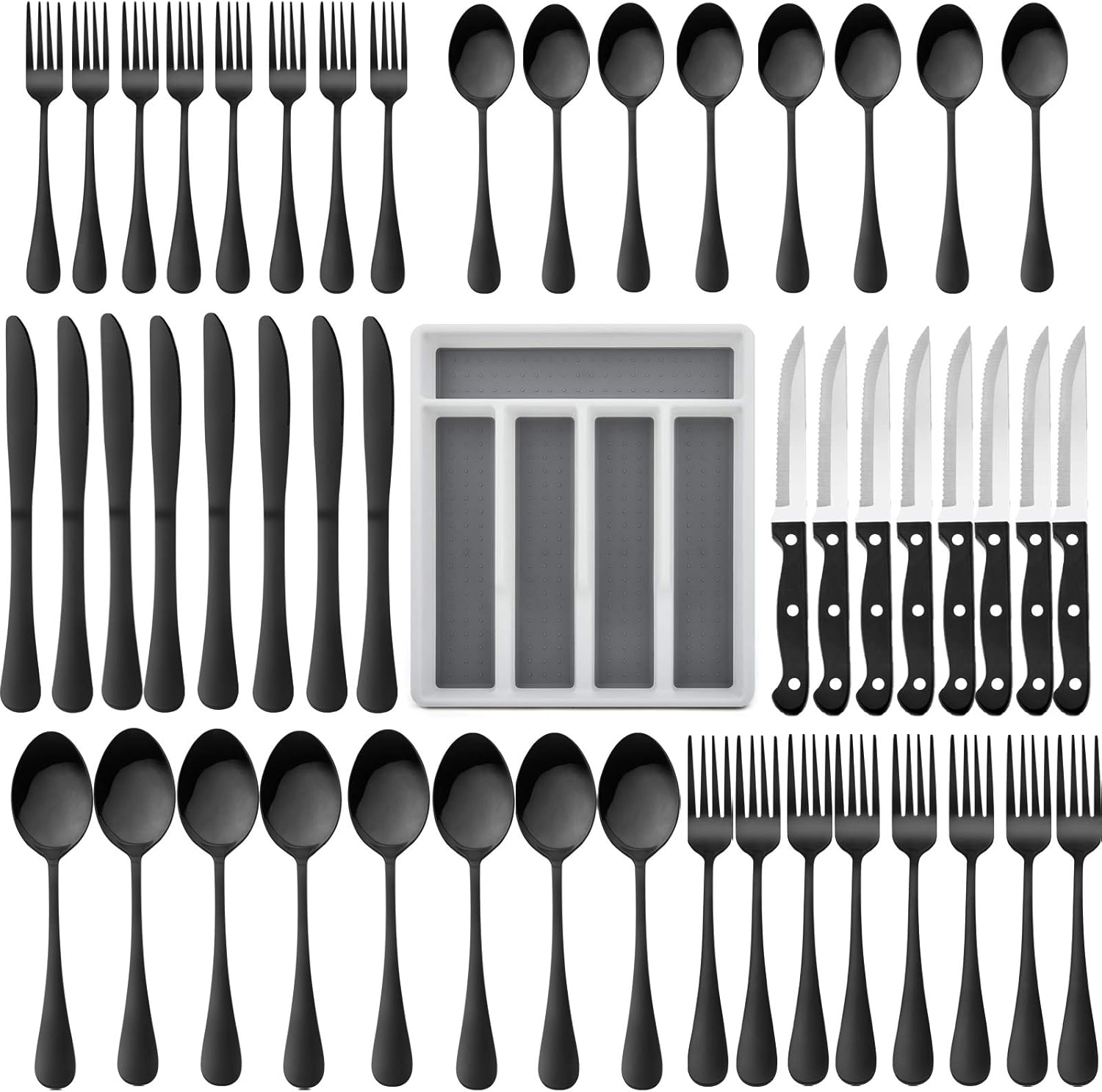 49-Piece Black Silverware Set with Flatware Drawer Organizer, HaWare Stainless Steel Cutlery Set with 8 Steak Knives, Modern Eating Utensils Tableware Service for 8, Mirror Polished, Dishwasher Safe