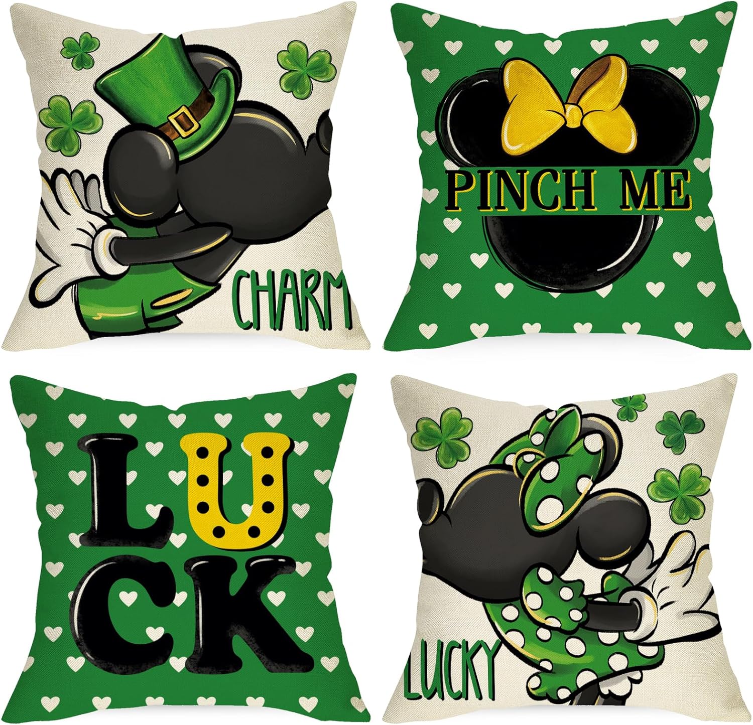 St. Patrick's Day Cartoon Mouse Decorative Throw Pillow Covers 18 x 18 Set of 4, Luck Shamrock Clover Love Hearts Cushion Case Decor, Pinch Me Charm Irish Holiday Home Decoration for Sofa Couch