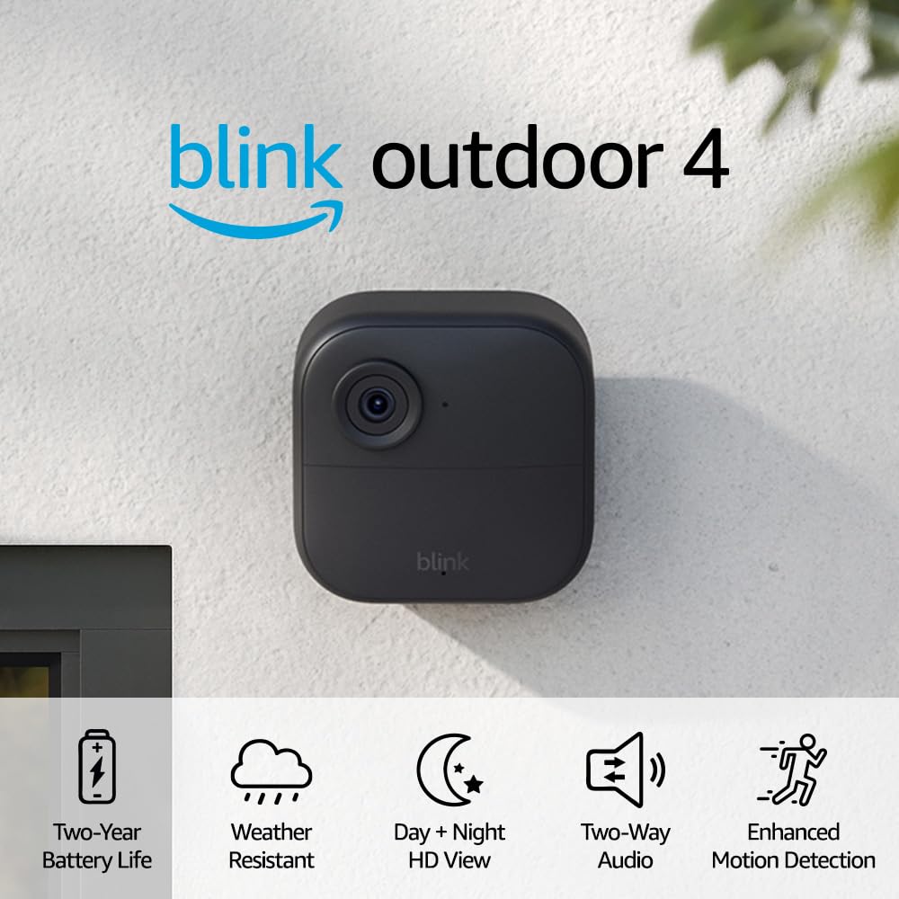 Blink Outdoor 4 (4th Gen)  Wire-free smart security camera, two-year battery life, two-way audio, HD live view, enhanced motion detection, Works with Alexa  1 camera system