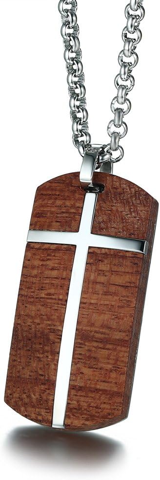 Quality Stainless Steel Cross & African Bubinga Wood Dog Tag Pendant Necklace for Men Jewelry for Gift