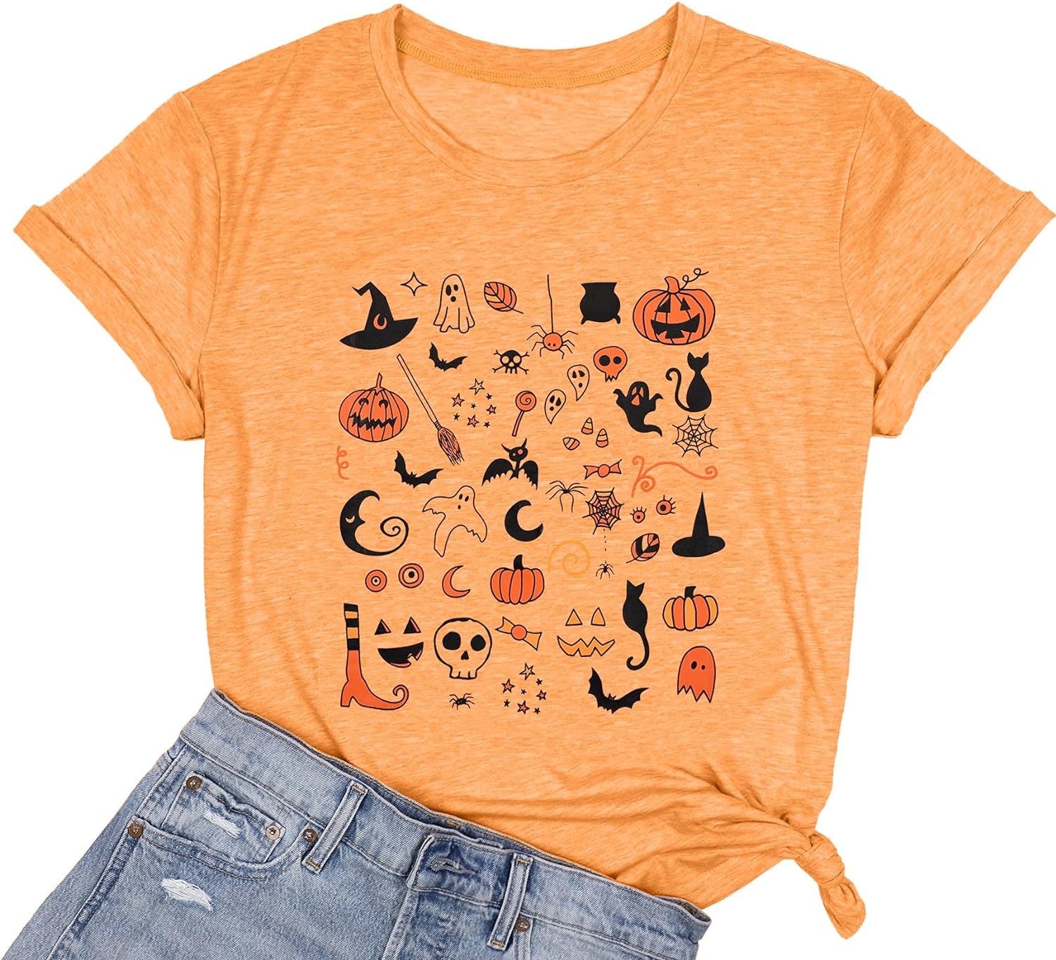 Halloween Shirts for Women Spooky Season Tee Shirt Halloween Doodles Graphic Short Sleeve Tees Tops