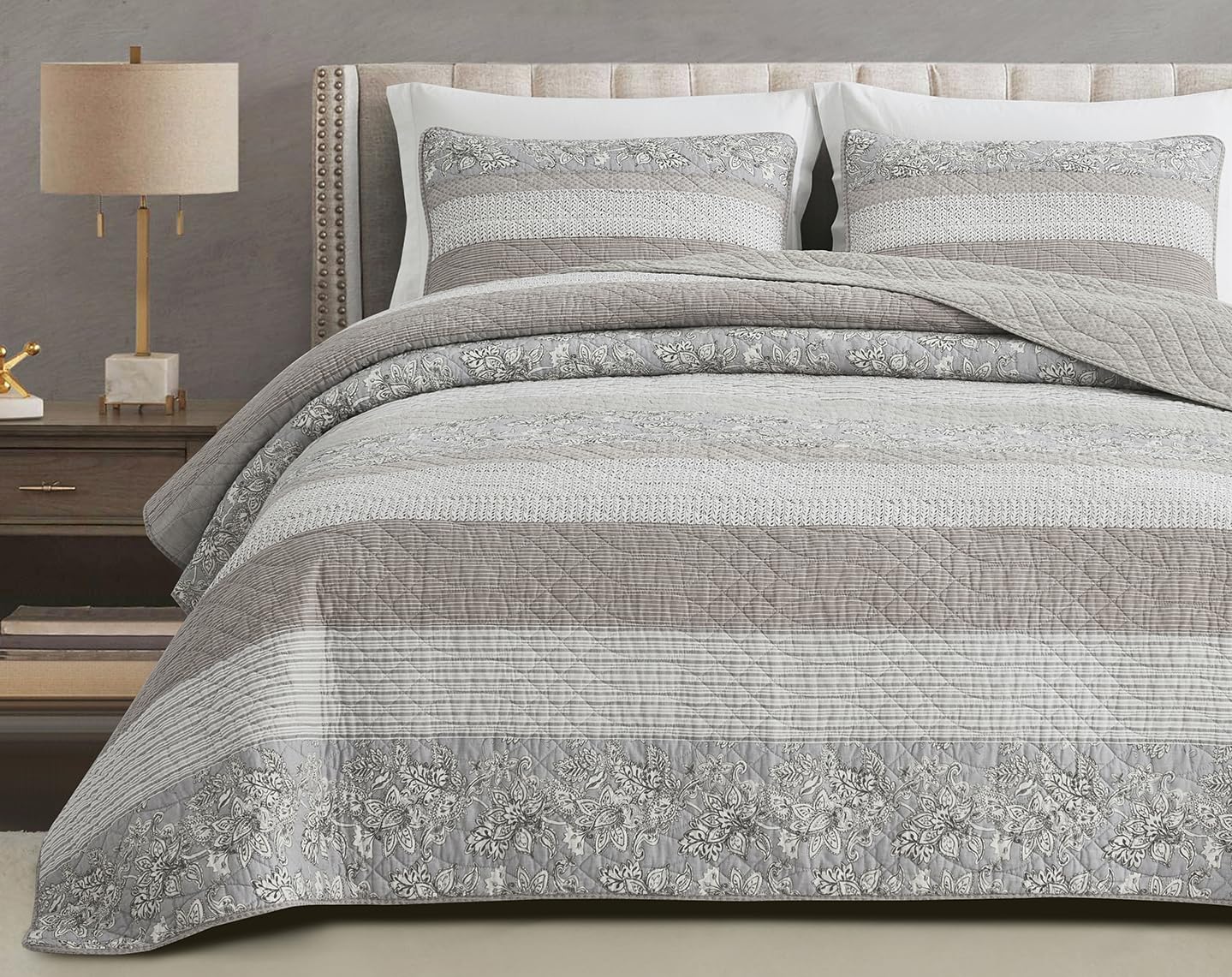 Chezmoi Collection Robyn 3-Piece Neutral Taupe Gray White Floral Hibiscus Flower Patchwork Striped Quilt Set - Pre-Washed Cotton Coverlet - Lightweight Reversible Bedspread, King Size