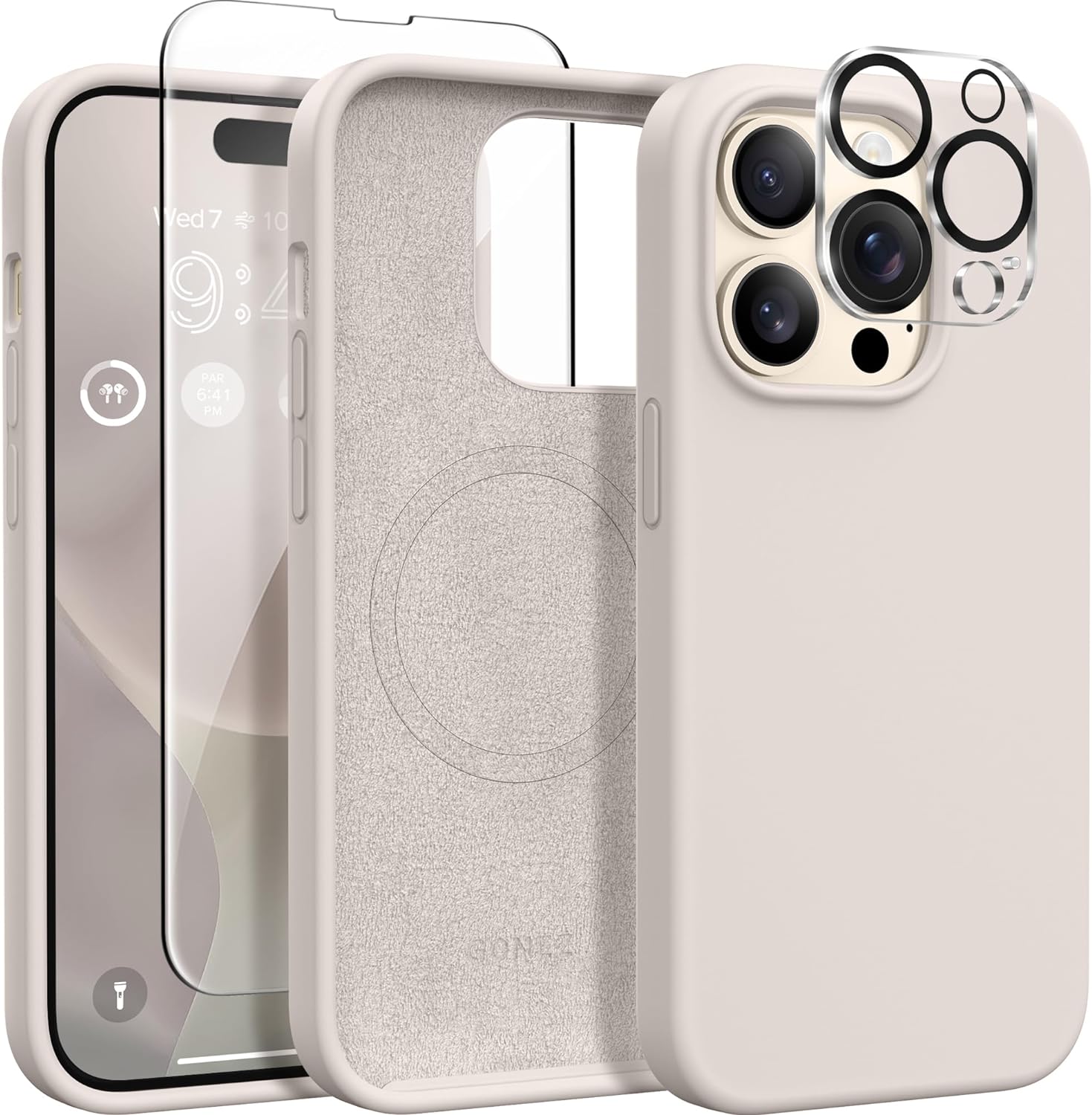 for iPhone 14 Pro Case, Compatible with Magsafe, with 2X Screen Protector + 2X Camera Lens Protector, Soft Anti-Scratch Microfiber Lining, Shockproof Liquid Silicone Phone Cover, Stone