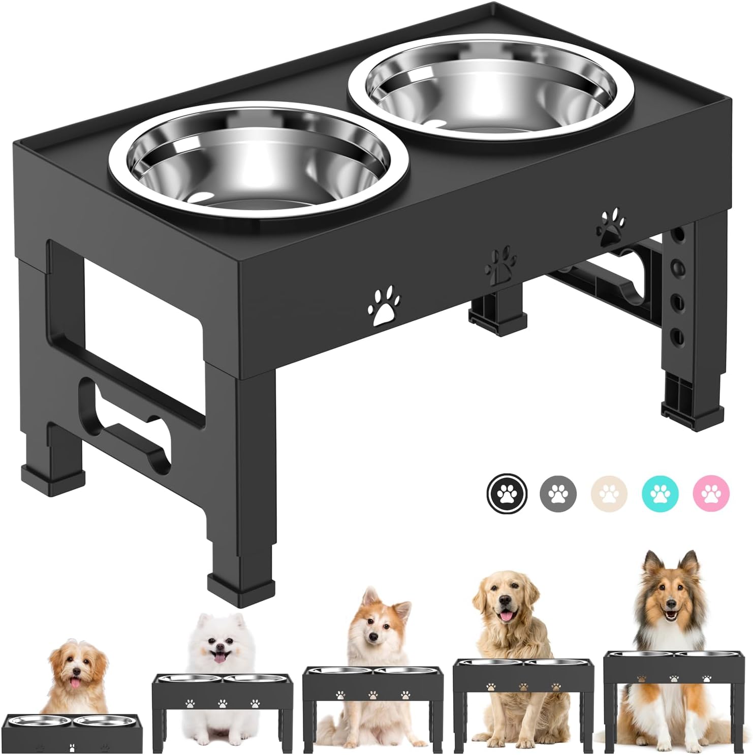 LAKIPETN Elevated Dog Bowls 5 Height Adjustable with 2 Stainless Steel Dog Food Bowls Stand Non-Slip No Spill Dog Dish Raised Dog Bowl Adjusts to 3.1, 9, 10, 11, 12 for Medium Large Dogs