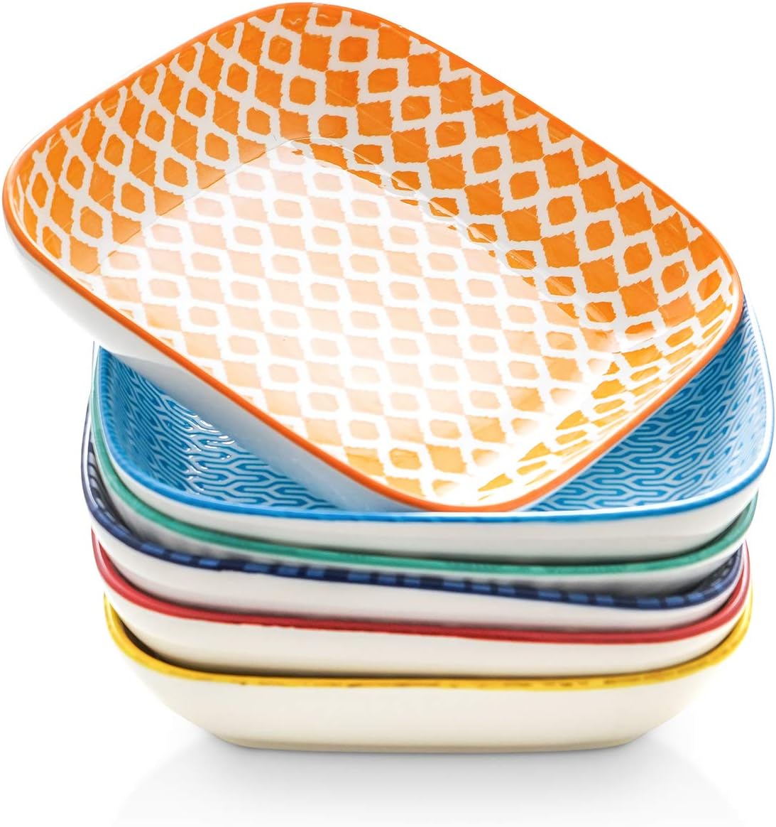 Selamica Porcelain 8-inch Square Dinner Plates, Salad Pasta Bowls, Set of 6, Assorted Colors