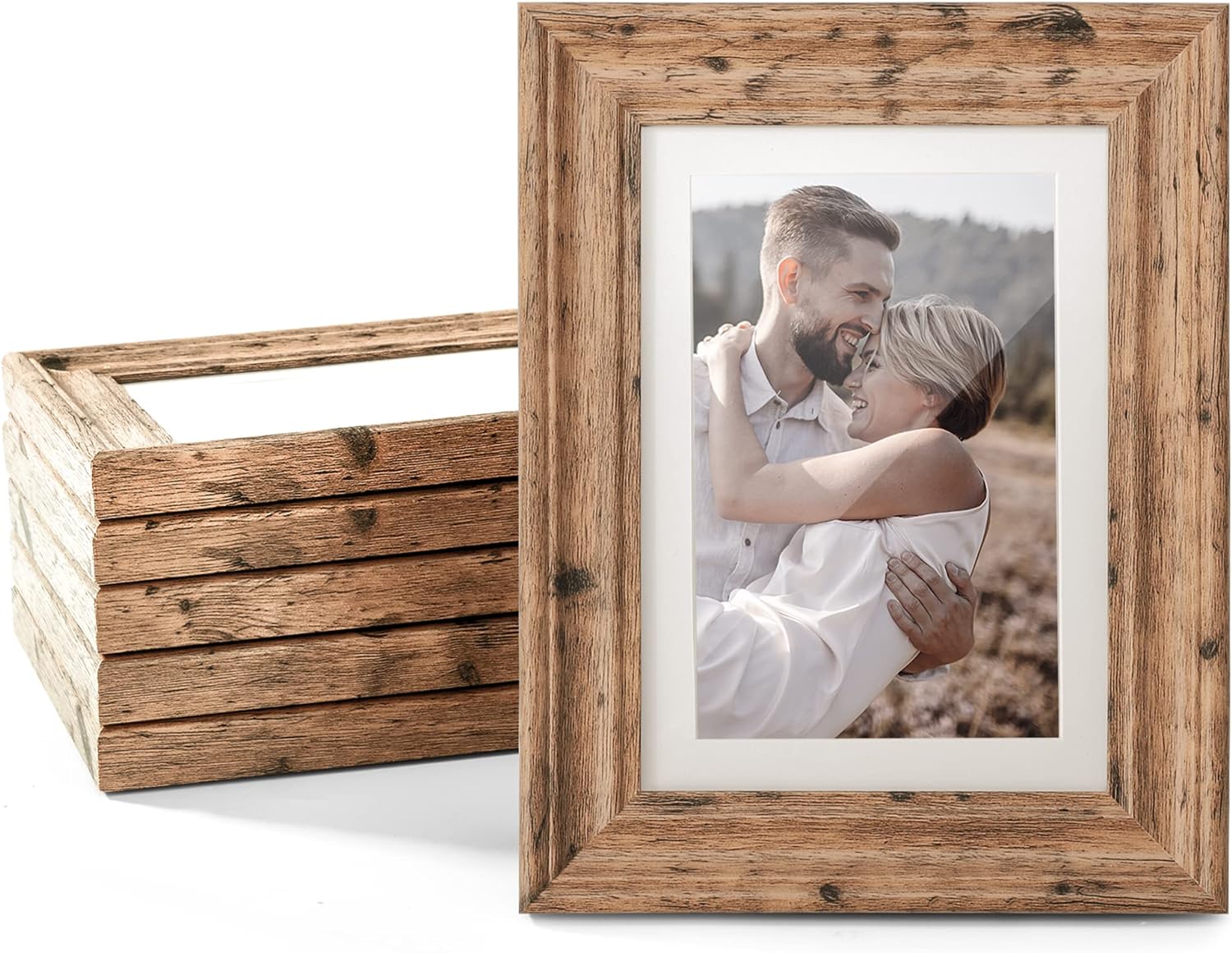 TWING 4x6 Picture Frames Set of 6, Rustic Farmhouse Picture Frame 3x5 with Mat or 4x6 Without Mat, Tabletop Display and Wall Mounting Home Decorative collage picture Photo Frames Wood Brown,Walnut