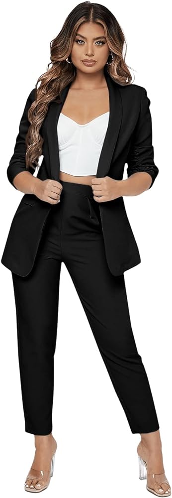 SweatyRocks Women&#39;s 2 Piece Solid Ruched Sleeve Blazer and Pants Business Office Suit Set