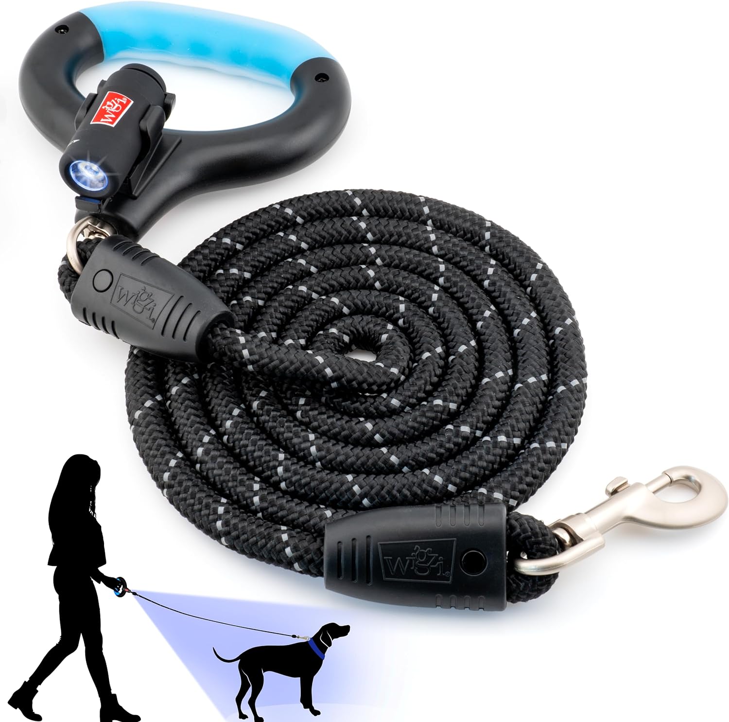 WIGZI Luna Dog Leash with Rechargeable LED Light No Batteries, Detachable Light, Liquid Filled Gel Comfort Handle, Reflective Heavy-Duty Rope, 6 Ft Length up to 200lb Dog, Black Color