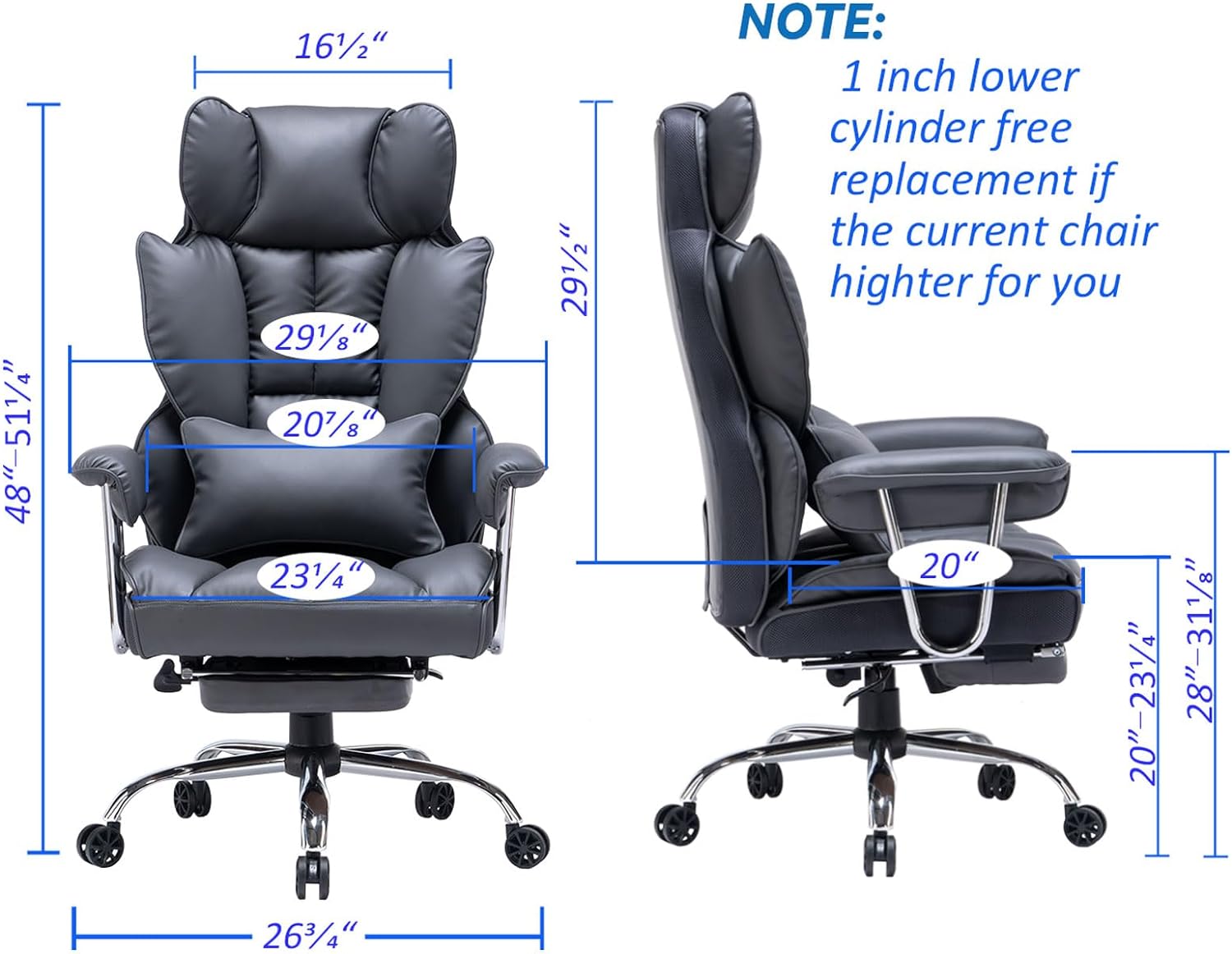After a long search, I finally found the perfect chair for my needs. Assembly was a breeze, taking less than 20 minutes. The chair' top-notch build quality offers a sturdy and durable feel.The PU leather is luxurious and comfortable for long work hours, and the adjustable lumbar support and leg rest are lifesavers for my back pain. The chair' adjustability features cater to every need, and its wide seat and high back perfectly support my tall frame.In terms of looks, its dark grey color adds a