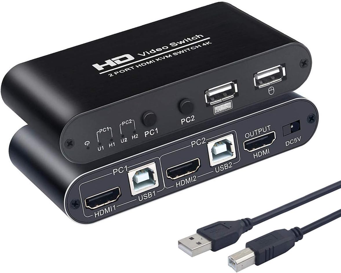 KVM Switch HDMI 2 Port Box, KCEVE USB KVM Switches for 2 Computers Share Keyboard Mouse and one HD Monitor, Support Hotkey Switching, UHD 4K3840x2160