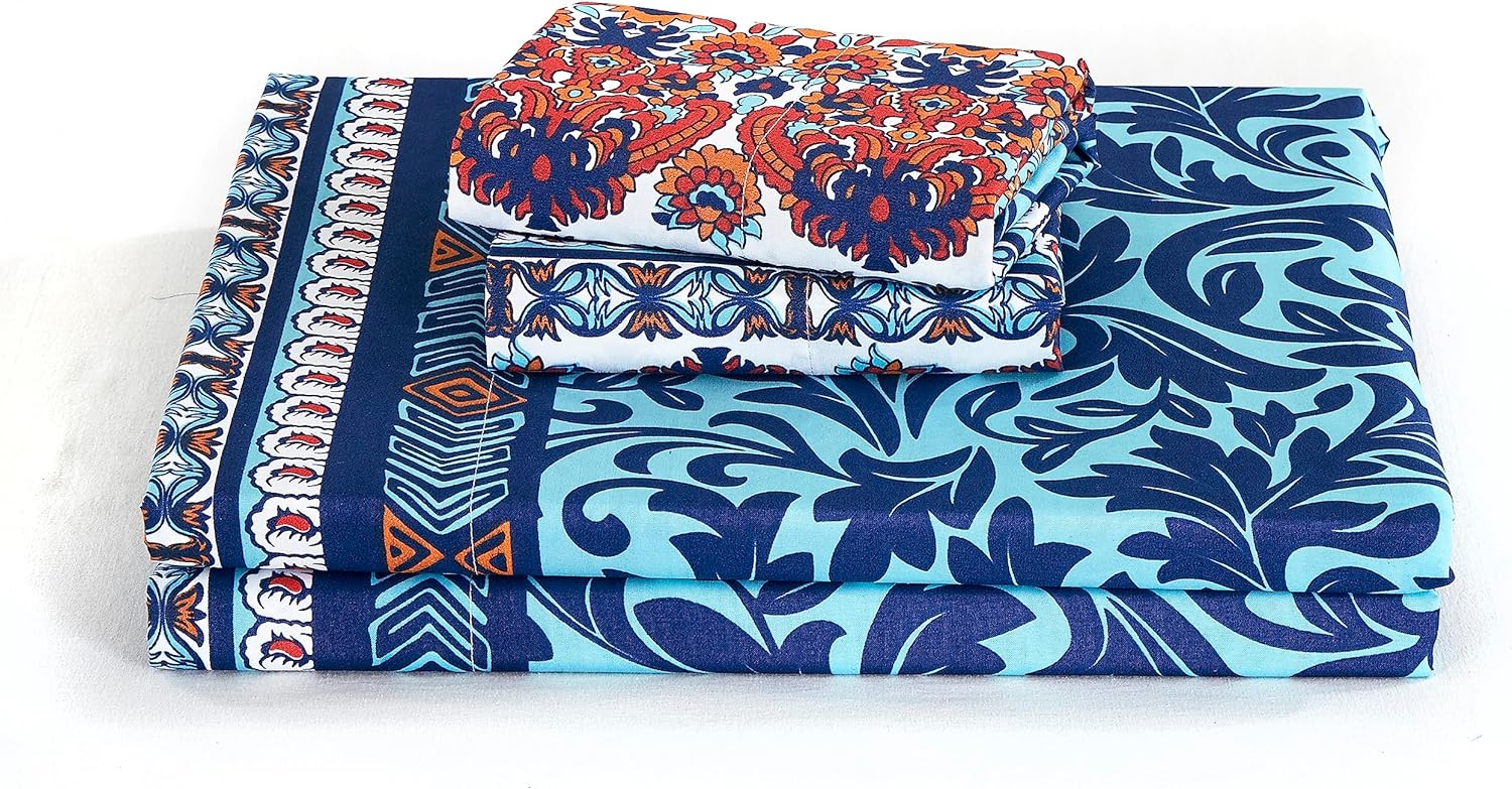 Chezmoi Collection Shore 4-Piece Boho Stripe Bed Sheet Set - Medallion Floral Navy Blue Orange Red White Bohemian Printed Microfiber 14-Inches Deep Pocket Sheets & Pillowcases, Queen Sheet Set