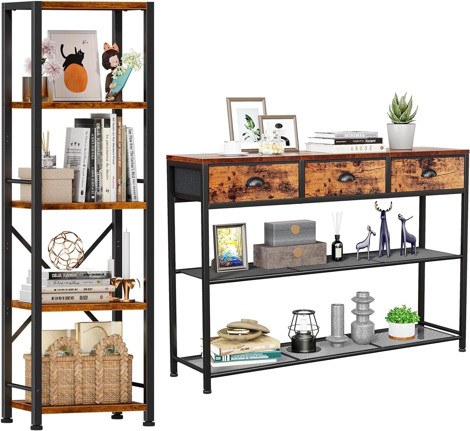 Furologee+Rustic+Console+Table+and+Bookshelf+Set%2c+38%27%27+Entryway+Table+with+3+Fabric+Drawers%2c+5+Tier+Tall+Narrow+Bookshelf%2c+Industrial+Sofa+Table+with+Storage+Shelves%2c+Display+Metal+Standing+Shelf