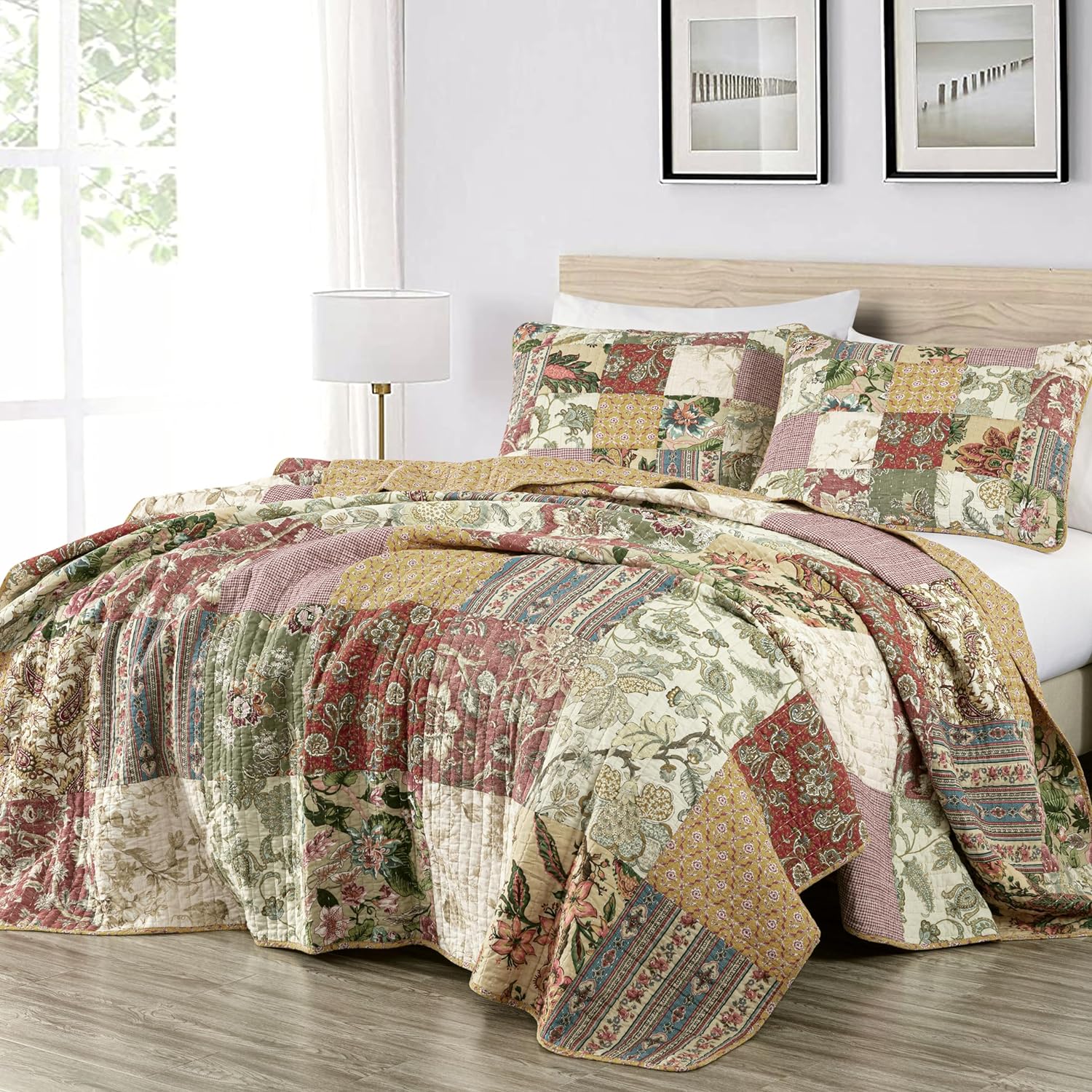 Chezmoi Collection Delaney 3-Piece Floral Patchwork Pre-Washed 100% Cotton Quilt Set, Queen