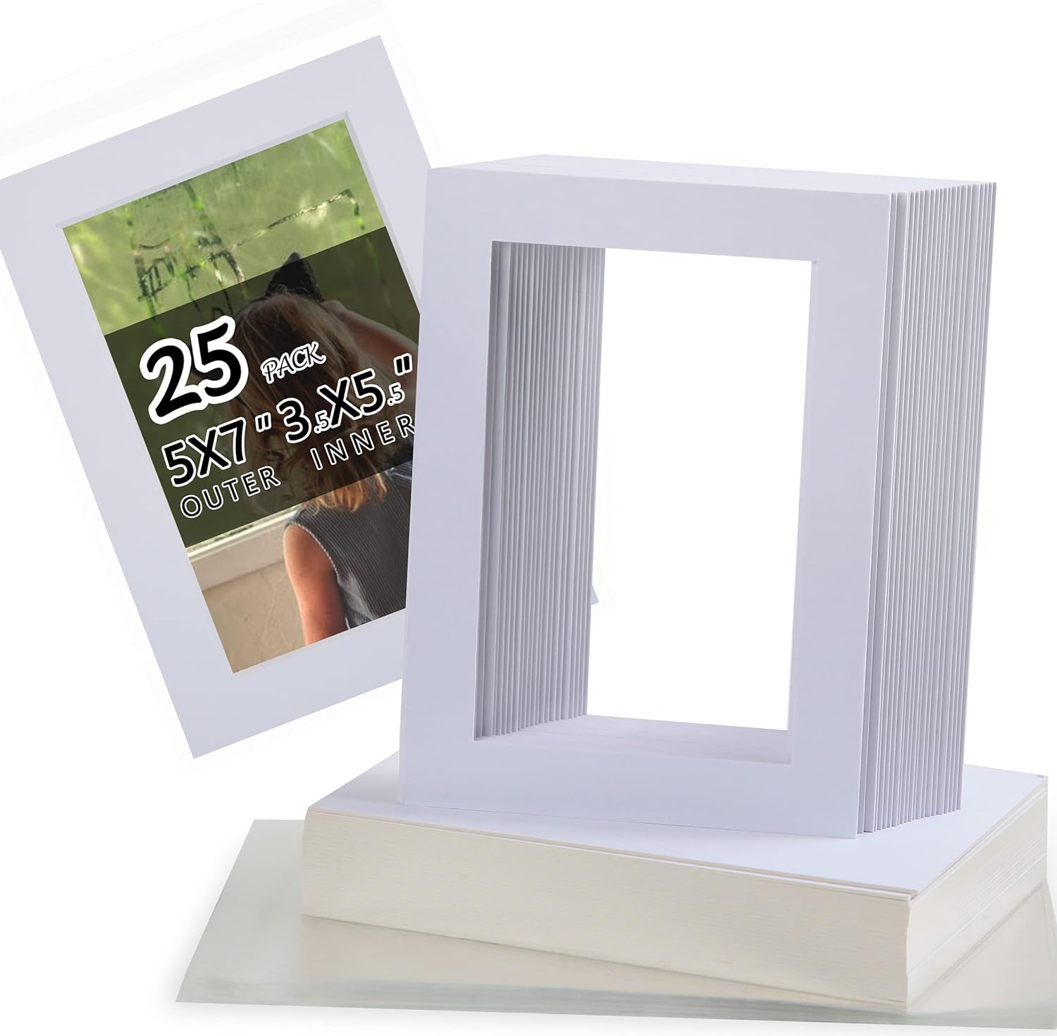 Acid Free 25 Pack 5x7 Pre-Cut Mat Board Show Kit for 4x6 Photos, Prints or Artworks, 25 Core Bevel Cut Matts and 25 Backing Boards and 25 Crystal Plastic Bags, White