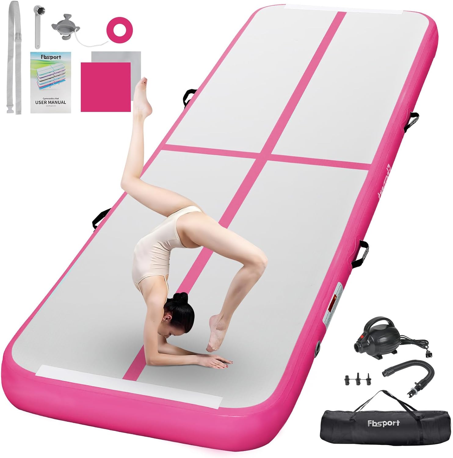 FBSPORT Inflatable Air Gymnastics Mat Training Mats 4/8 inches Thickness Gymnastics Tracks for Home Use/Training/Cheerleading/Yoga/Water with Pump