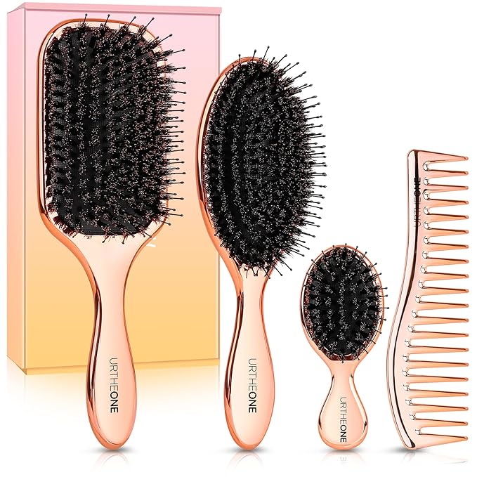 4 Pcs Hair Brush, Boar Bristle Hair Brushes and Mini hairbrush for Women Men Kids,Pocket Travel Small Paddle Hair Brush and Wide Tooth Comb Set for Detangling Styling (Luxury Rose Gold)