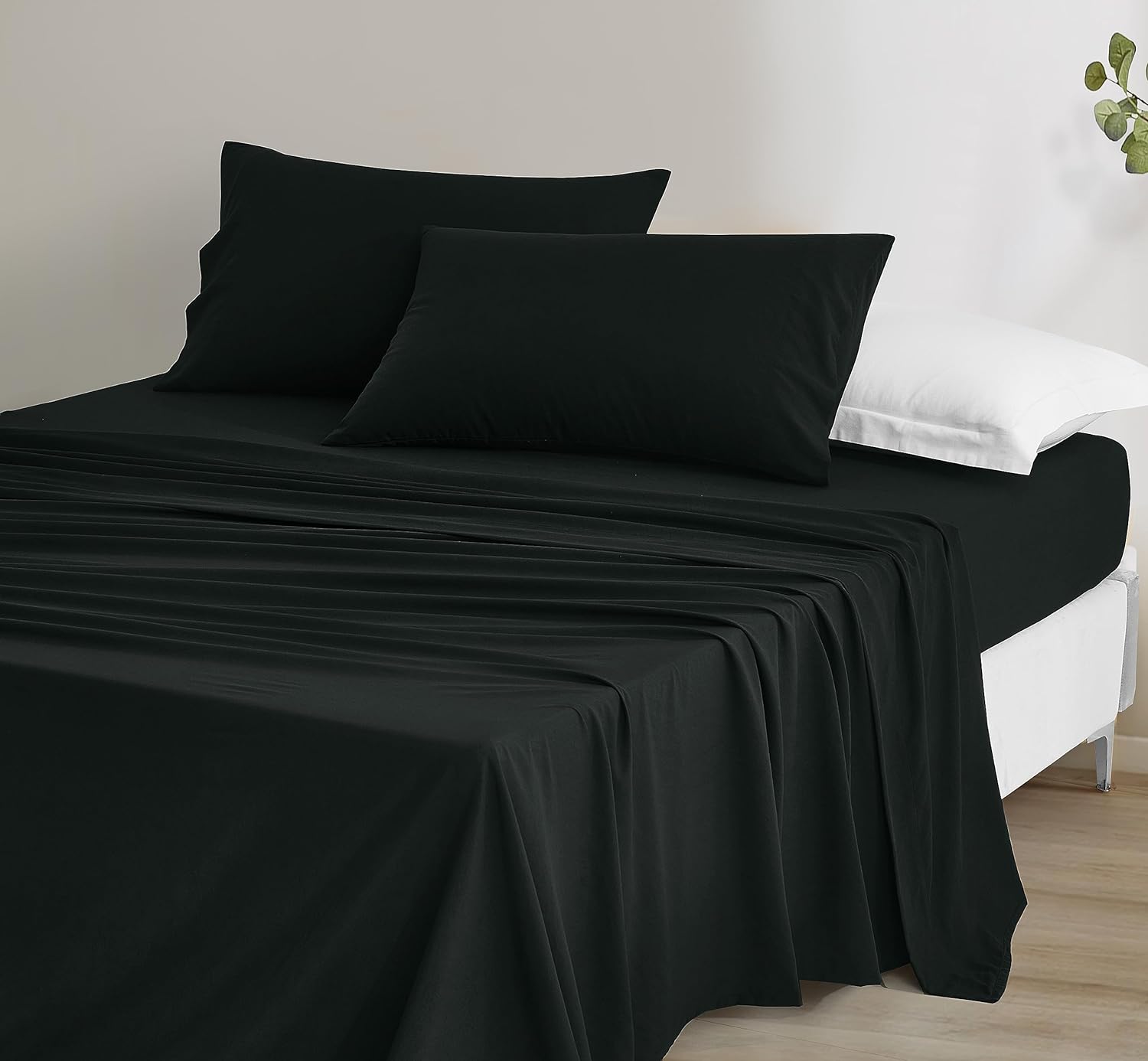 Chezmoi Collection Stone Washed Queen Size Sheet Set - 4-Piece Extra Soft Breathable Wrinkle & Fade Resistant 14-Inches Deep Pocket Sheets & Pillowcases Set - Queen, Black