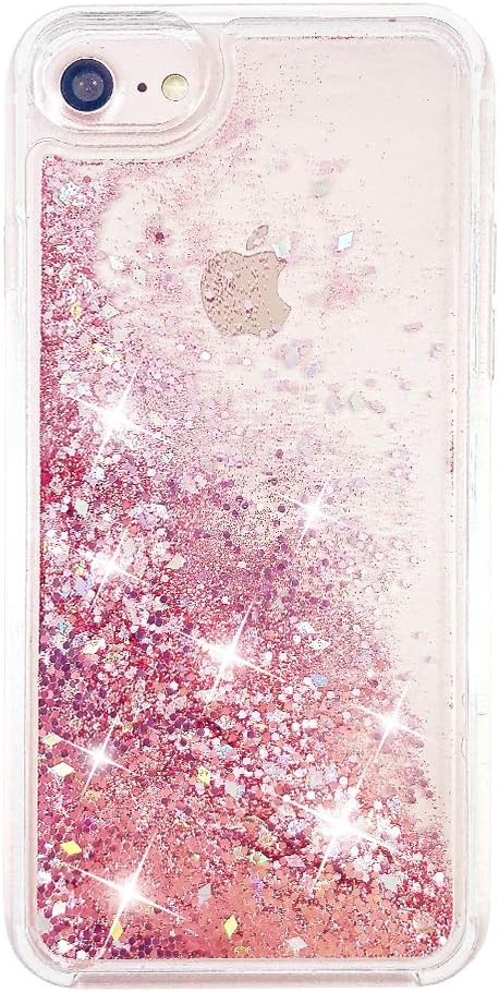 uCOLOR Rose Pink Glitter Case Compatible with iPhone SE (2022)/ iPhone 8/7/6S/6/SE 2nd 4.7 Sparkle Quicksand Liquid Waterfall Clear Protective Case for Girls Woman