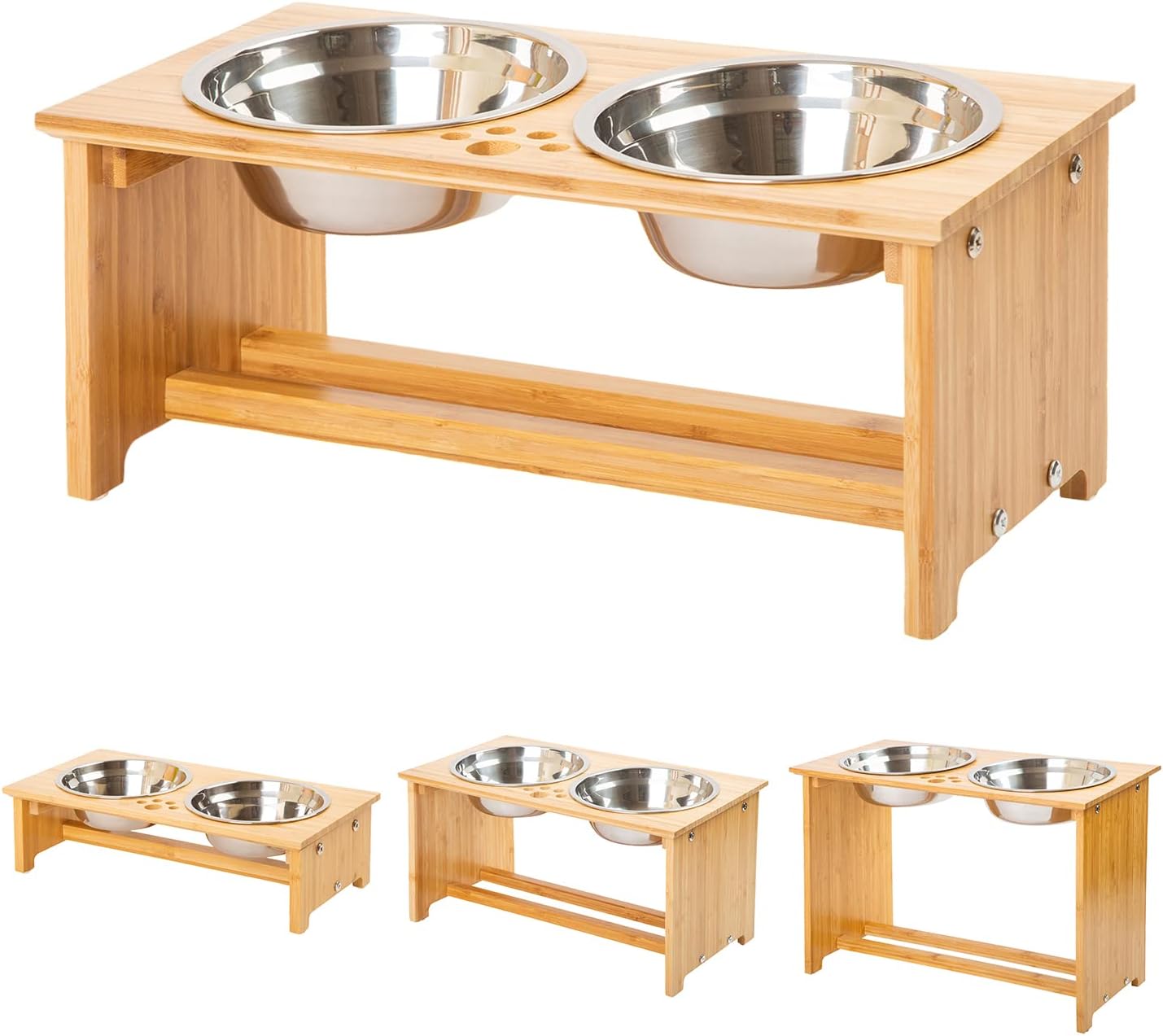 FOREYY Raised Pet Bowls for Small and Medium Dogs, Bamboo Elevated Dog Cat Food and Water Bowls Stand Feeder with 2 Stainless Steel Bowls and Anti Slip Feet (New 7'' Tall)