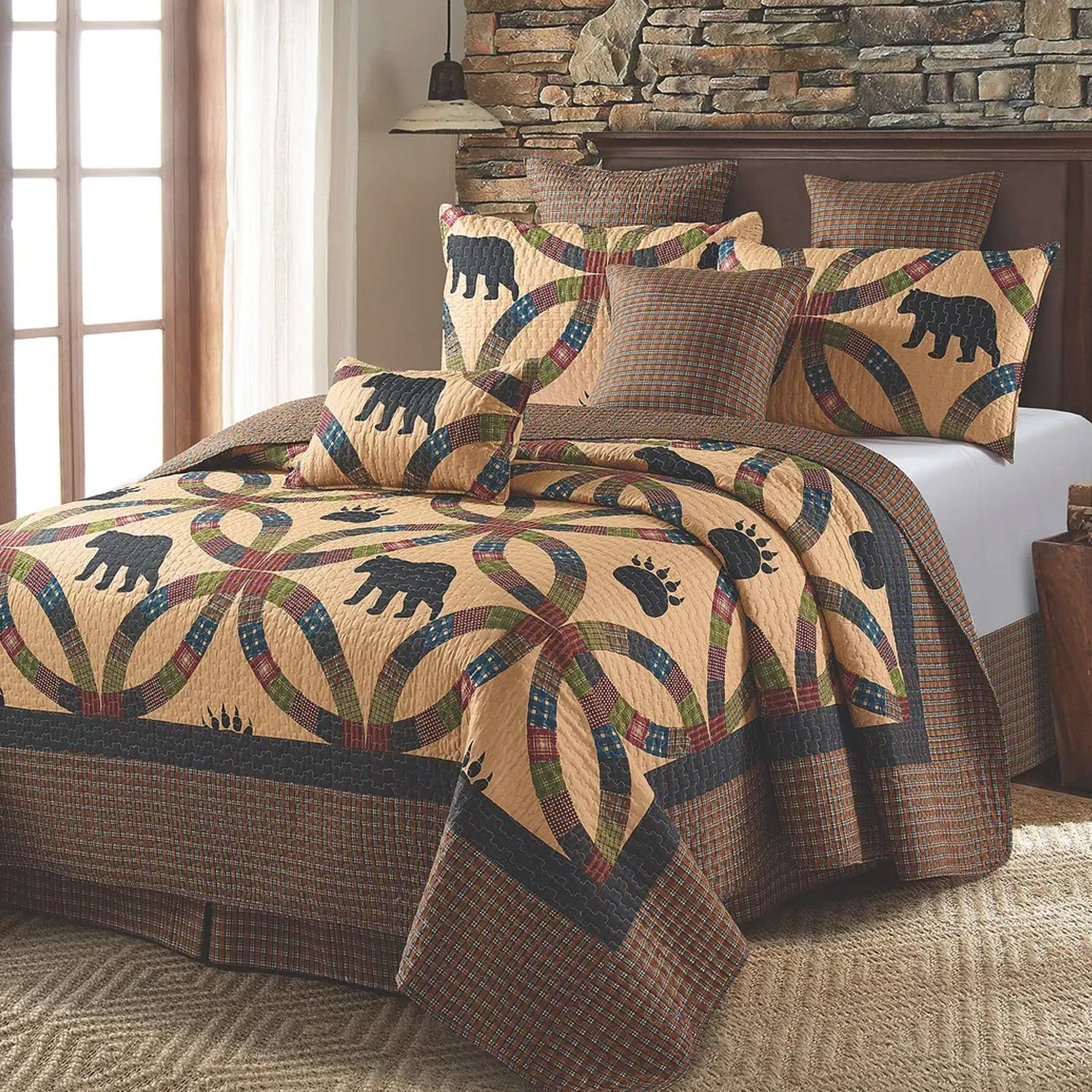 Virah Bella 3 Piece Queen Lodge Quilt Bedding Set - Wedding Ring Bear and Paw - Rustic Cabin Country Reversible Camping Comforter Set with Decorative Pillow Shams, Brown/Khaki