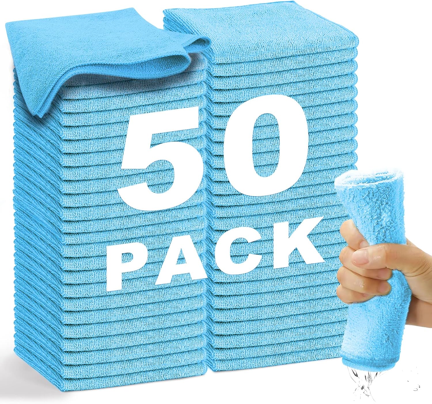 Microfiber Cleaning Cloth-50Pcs (13x13 inch) 2100 Series Ultra Soft Highly Absorbent Rags for Cleaning, Reusable and Lint Free Cleaning Towels for Housekeeping-Machine Wash (Blue)