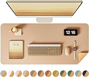 YSAGi Double-Sided Desk Pad, Leather Desk Mat, Eco Cork Desk Pad Protector, Large Mouse Pad for Desk, Waterproof Desk Blotter Pad, Writing Pad for Office/Home(23.6x13.7,Apricot)