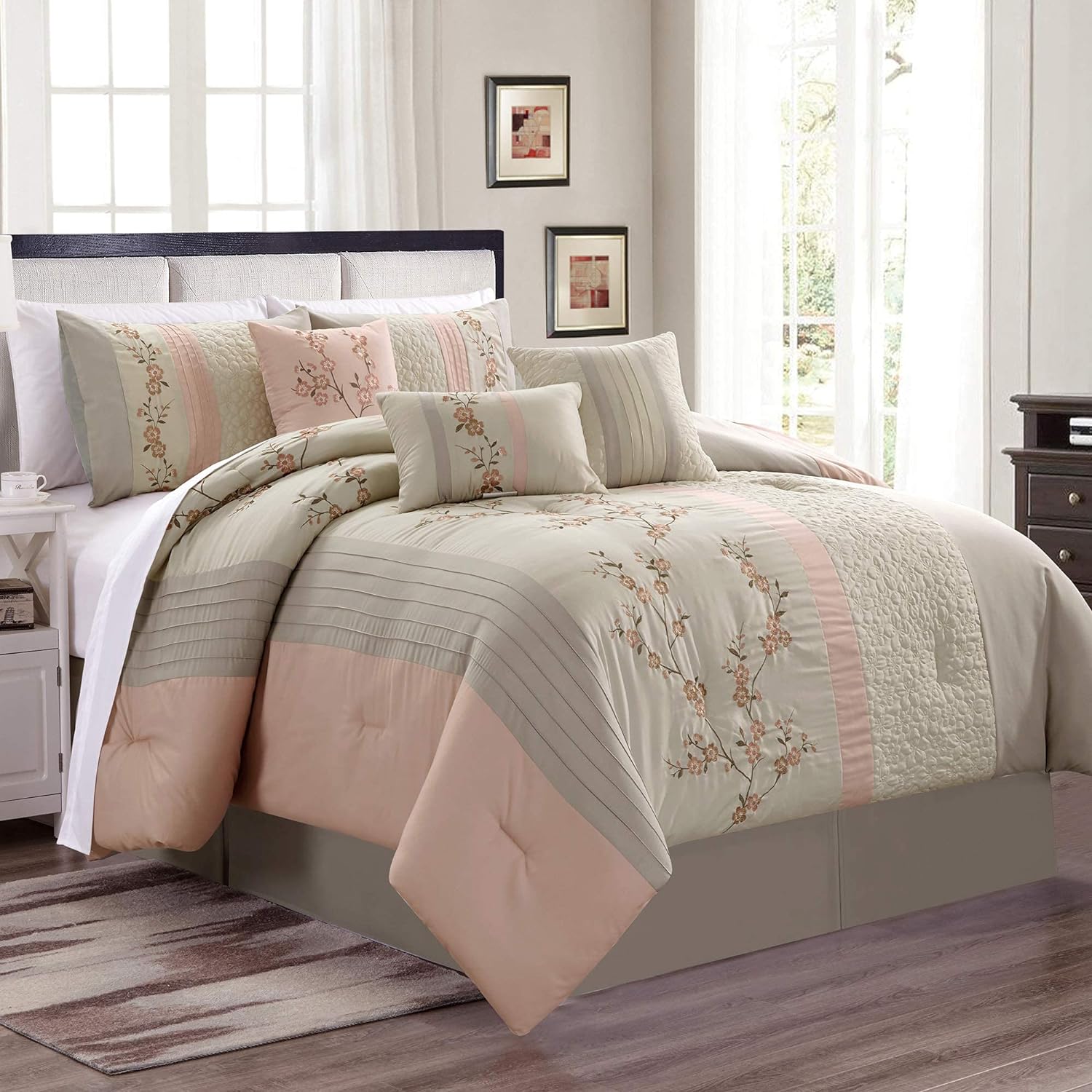 Chezmoi Collection Linnea 7-Piece Luxury Blush Cherry Blossom Floral Embroidery Bedding Comforter Set, Queen, Neutral/Light Taupe