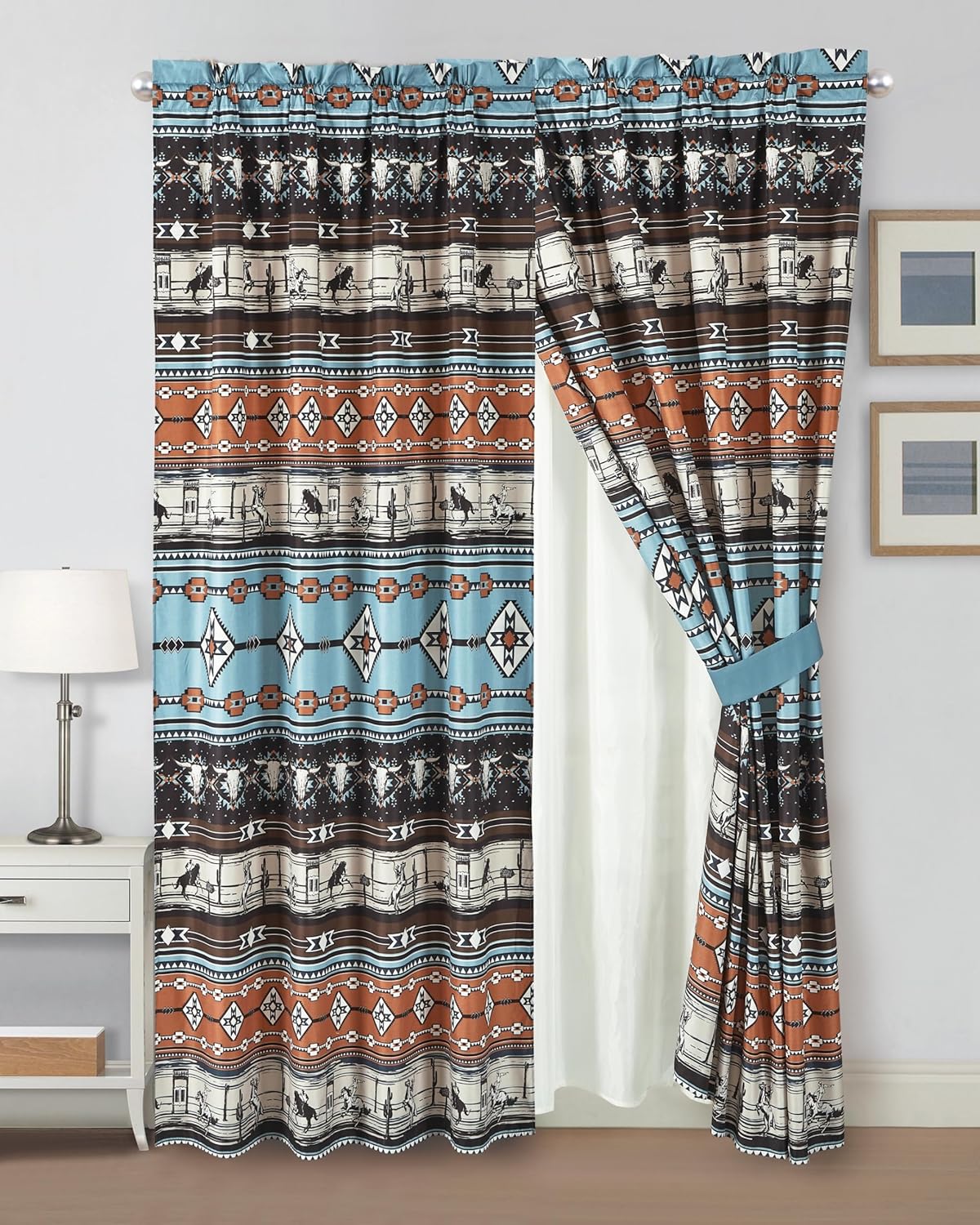 Chezmoi Collection Boone 4-Piece Southwestern Cowboys Rodeo Window Curtain Set with Sheer Backing - Multicolor Blue Brown Beige Clay Printed Microfiber, 120 inch x 84 inch