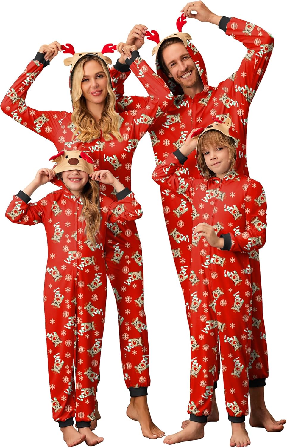 Ekouaer Matching Family Christmas Pajamas Elk Antler Hooded Zipper Onesie Long Sleeve Pjs with Pockets S-XXL