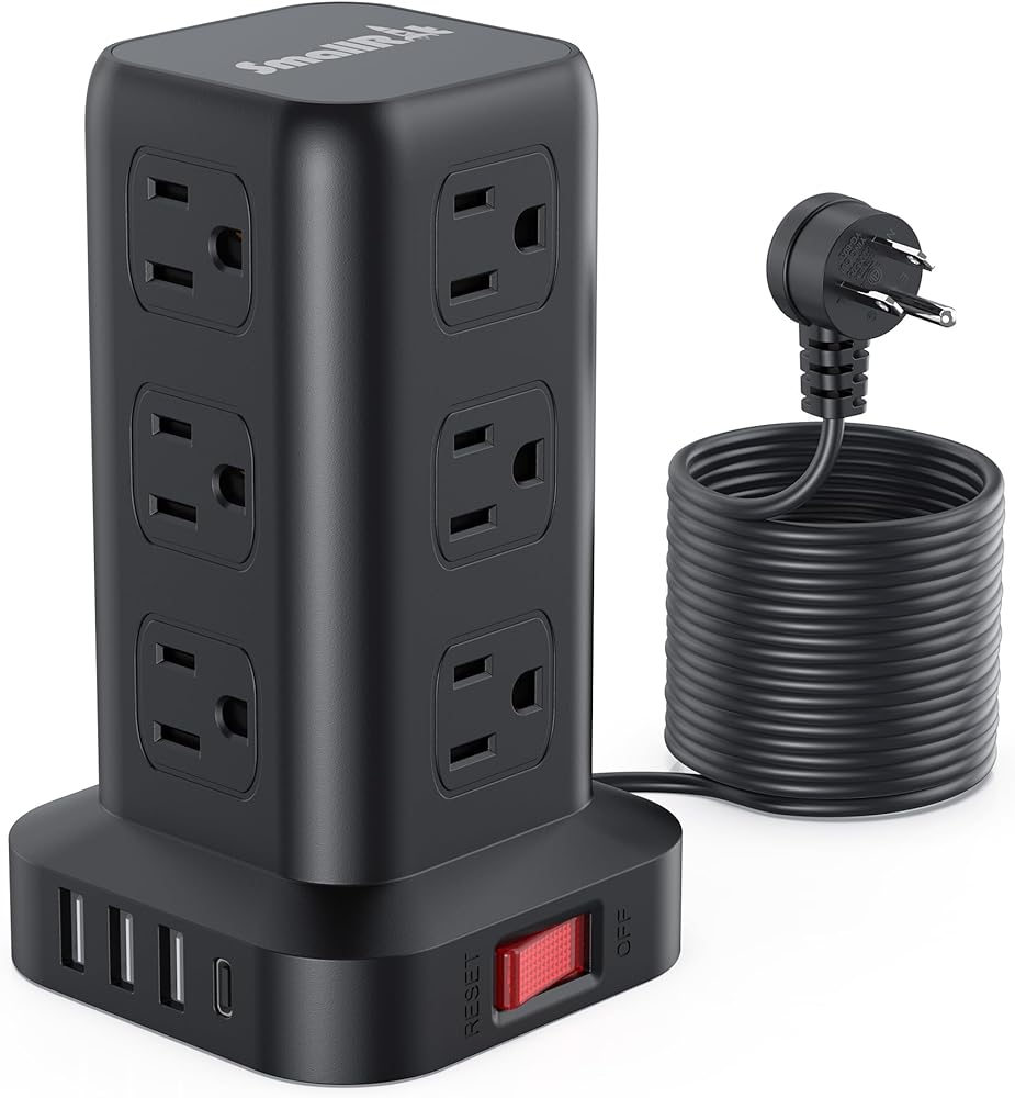 15FT USB C Power Strip Surge Protector Tower, Mini Power Strip Tower Travel 12 AC 4 USB Power Strip with USB Ports, Overload Protection for Home Office