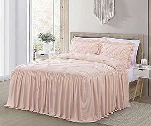 Chezmoi Collection Aria 2-Piece Pinch Pleat Pintuck Ruffle Skirt Bedspread Set - French Country Chic Farmhouse - Twin, Blush