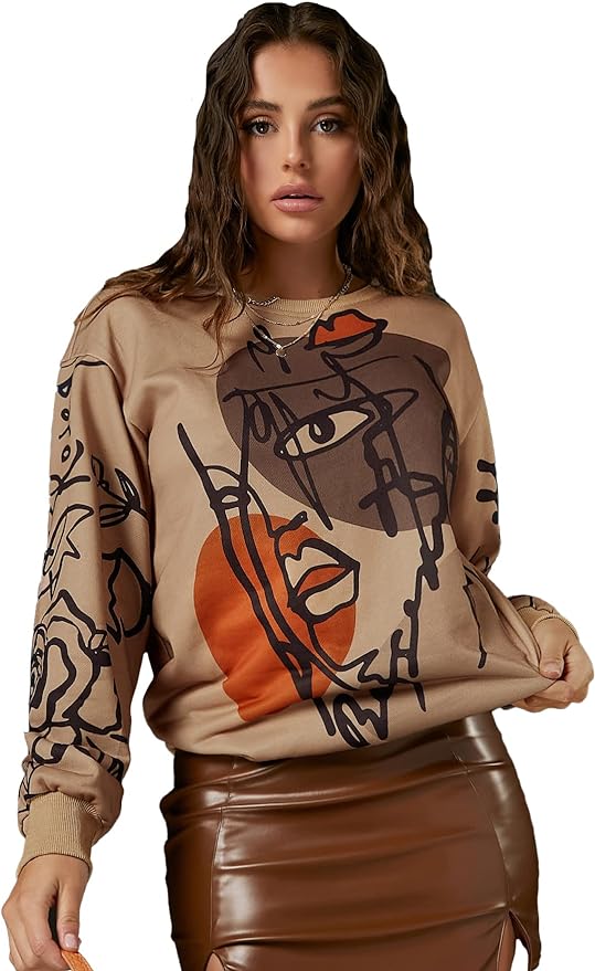 WDIRARA Women' Figure Graphic Print Sweatshirt Round Neck Long Sleeve Contrast Color Graffiti Pullovers