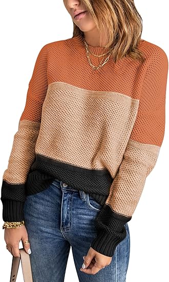 Dokotoo Womens Color Block Sweaters Long Sleeve Crewneck Pullover Knit Jumper Tops