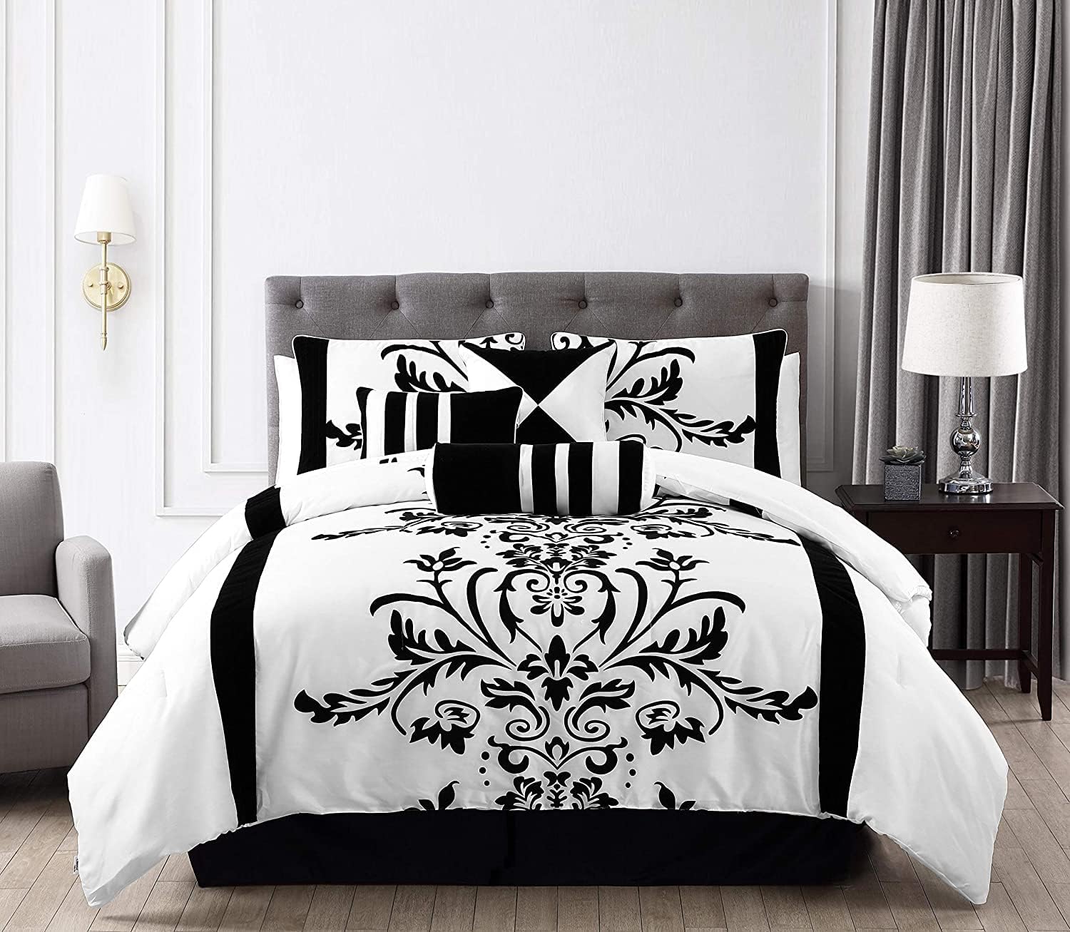 Chezmoi Collection Nobility 7-Piece Faux Silk Comforter Set California King - Luxury White Black Flocked Velvet Floral All Season Bedding Comforter Set