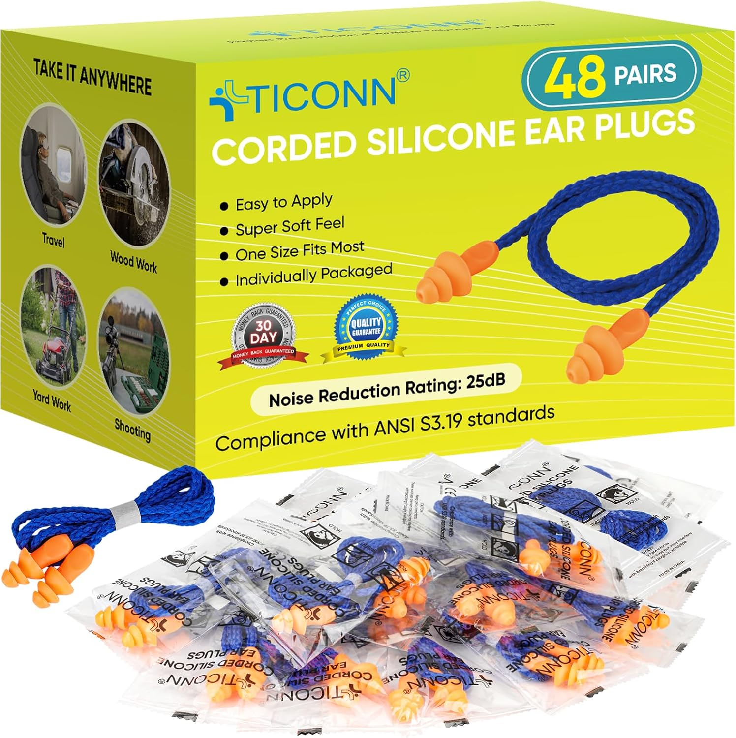 TICONN 48 Pairs Reusable Silicone Ear Plugs for Sleeping Noise Cancelling, 25dB NRR Corded Earplugs for Study Concentration Travel (48 Pairs)