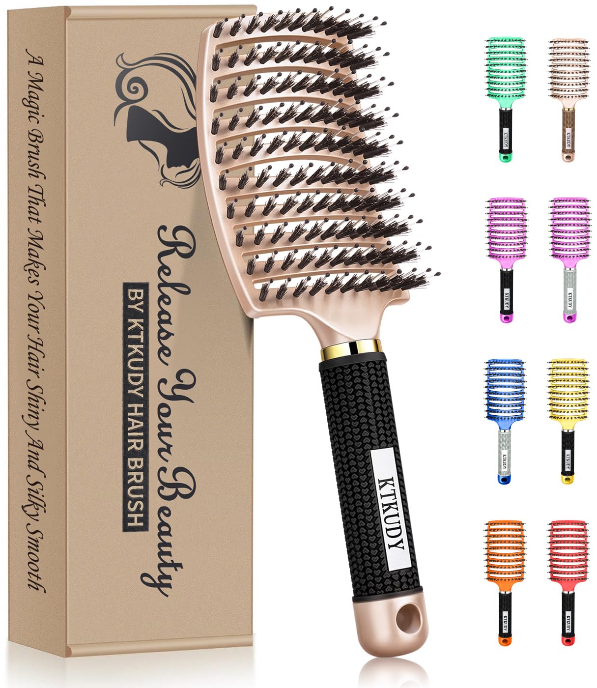 KTKUDY Detangling Brush Getting Knots Out without Pain - Boar Bristles Hair Brush Make Hair Shiny & Healthier Vented Detangler Brush for Women Men Kids Wet and Dry Hair